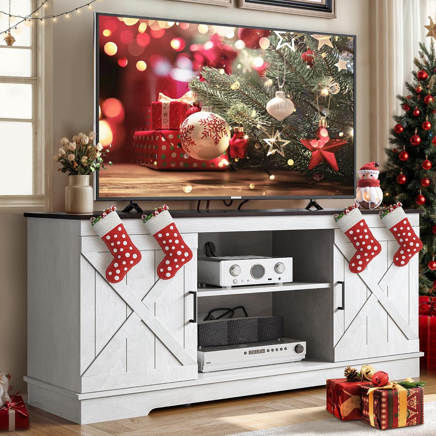 YITAHOME TV Stand for 65 Inch TV, Farmhouse Entertainment Center with Double Barn Doors and Storage Cabinets, Rustic TV Cabinet Media Console Table for Living Room, 59 Inch, Grey White/Espresso