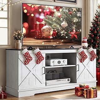 YITAHOME TV Stand for 65 Inch TV, Farmhouse Entertainment Center with Double Barn Doors and Storage Cabinets, Rustic TV Cabinet Media Console Table for Living Room, 59 Inch, Grey White/Espresso