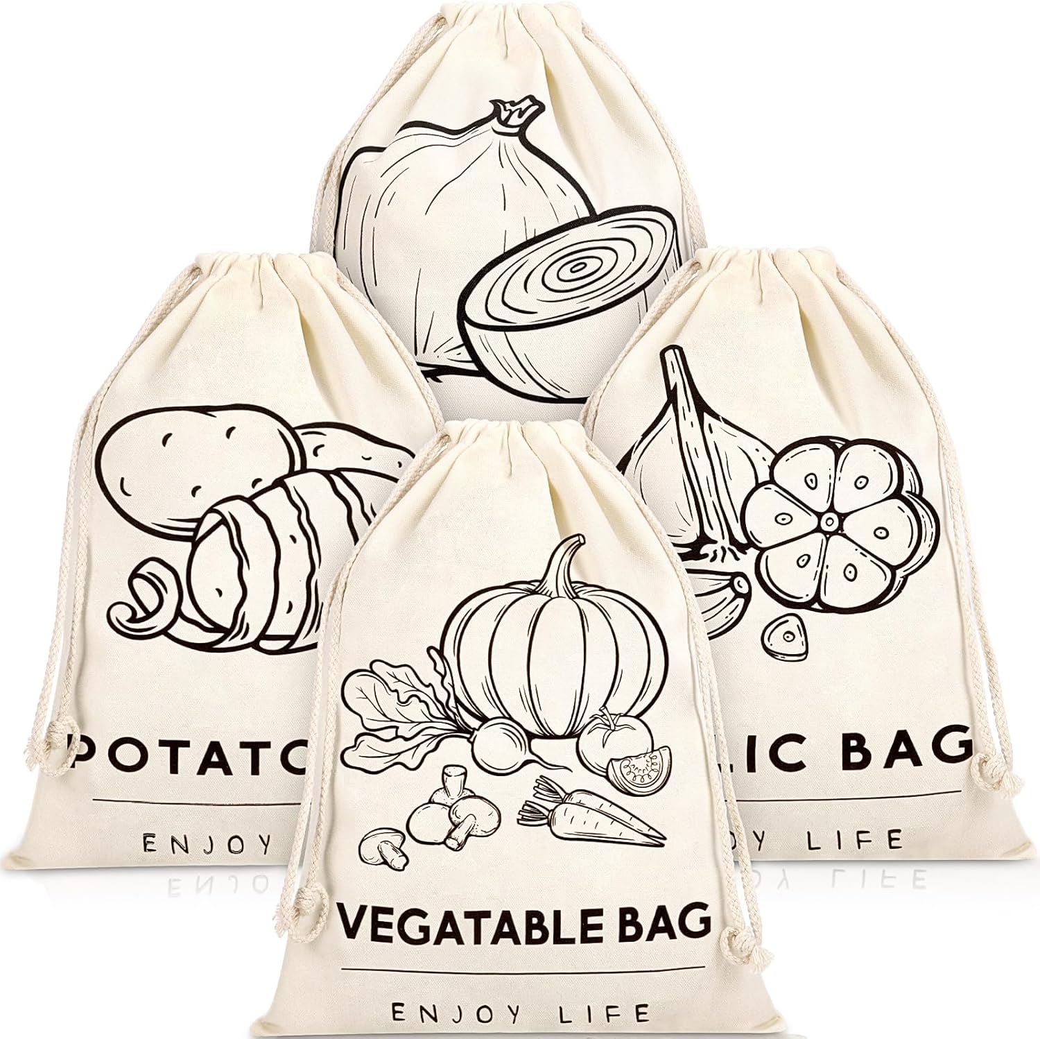 Partideal 4-Pack Reusable Produce Storage Bags, Breathable Cotton Linen Drawstring Bags for Potatoes, Onions, Garlic & Vegetables Keep Food Fresh Naturally(30x40cm)