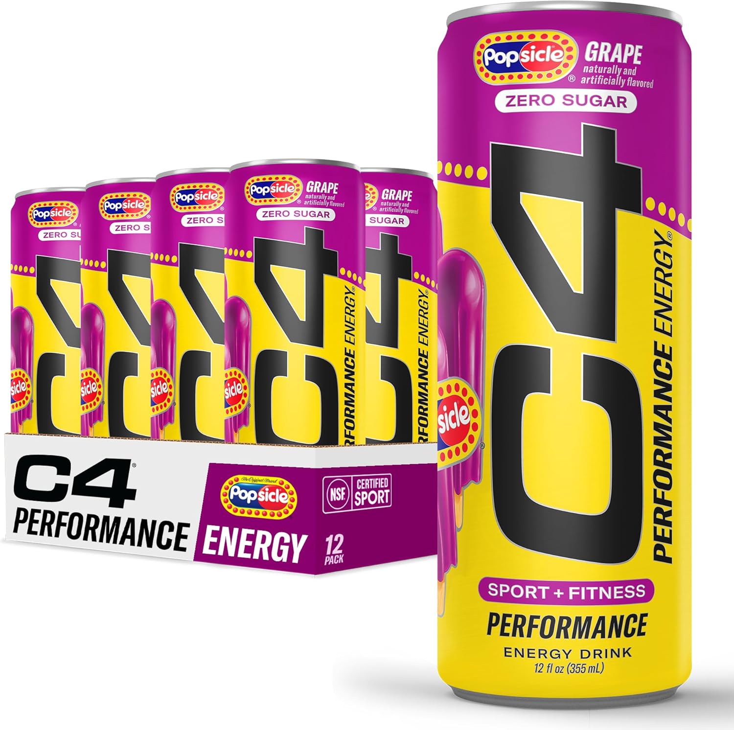 C4 Performance Energy Drink, Grape Popsicle, Zero Sugar Carbonated Preworkout Energy, 200mg Caffeine with Beta Alanine, 12 Fl Oz (12 Pack)