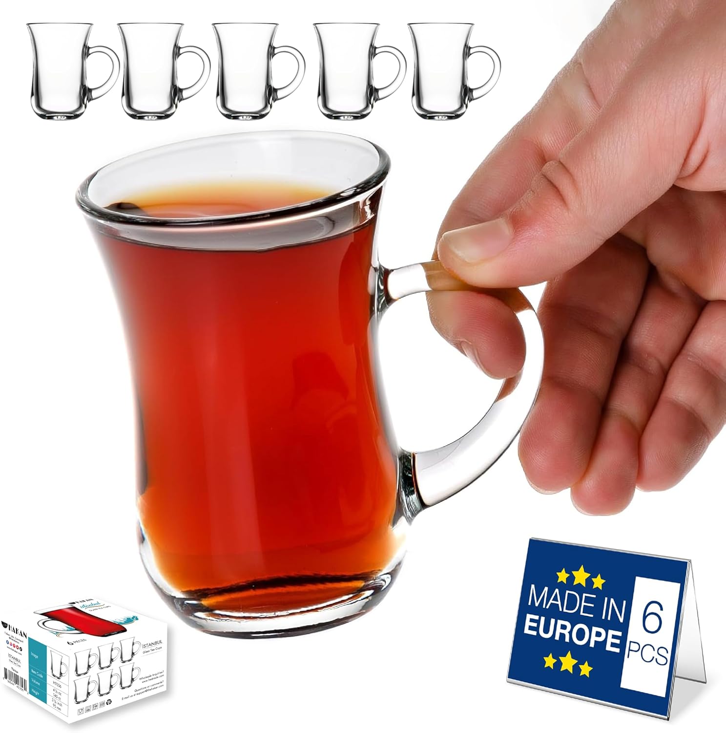 Hakan Istanbul 4.9 oz, 6 Pcs, Turkish Tea Glasses with Handles, Small Glass Tea Cups, Turkish Clear Teacup Set, Modern Tea Glasses, Drinkware for Hot and Cold Beverages with Special Box