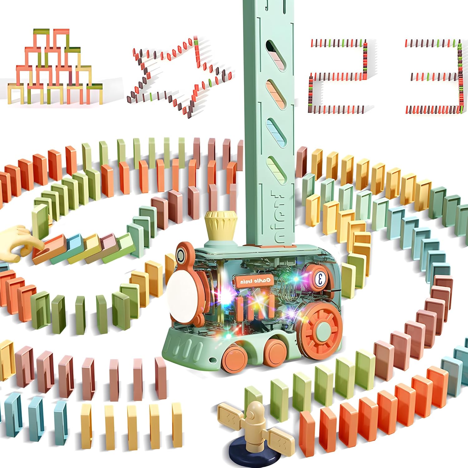 ROHSCE Domino Train Toy, 80 PCS Kids Games Automatic Dominos Set, STEM Montessori Toys for 3 Year Old, Colorful Lights & Music Creative Gifts for Boys Girls Autistic Age 3 4 5 6+