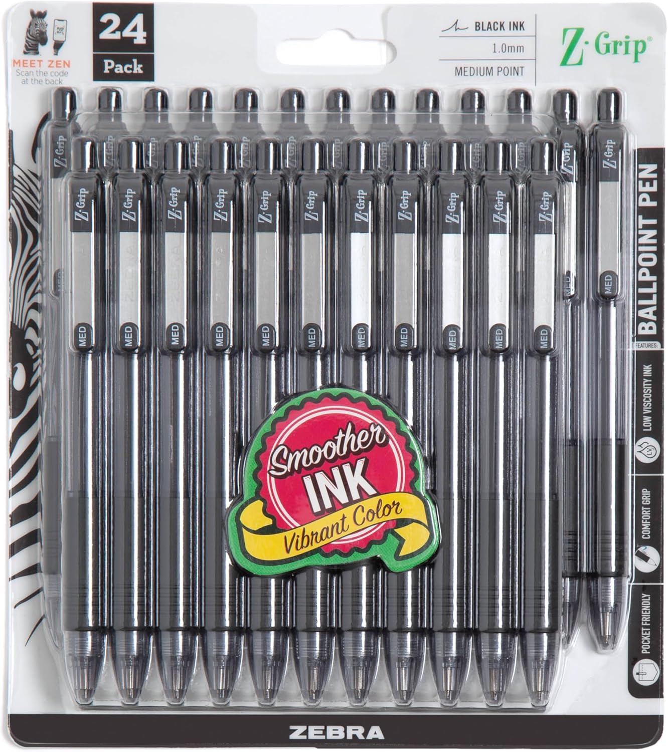 Zebra Pen Z-Grip Retractable Ballpoint Pen, Medium Point, 1.0mm, Black Ink, 24-Pack (12221)