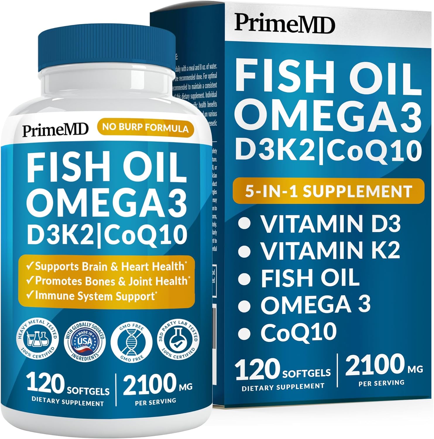 5-in-1 Fish Oil Omega 3 Fatty Supplements (2100mg) - Omega 3 Fish Oil with Vitamins D3 K2 and CoQ10 - Lemon Flavored (120 softgels)