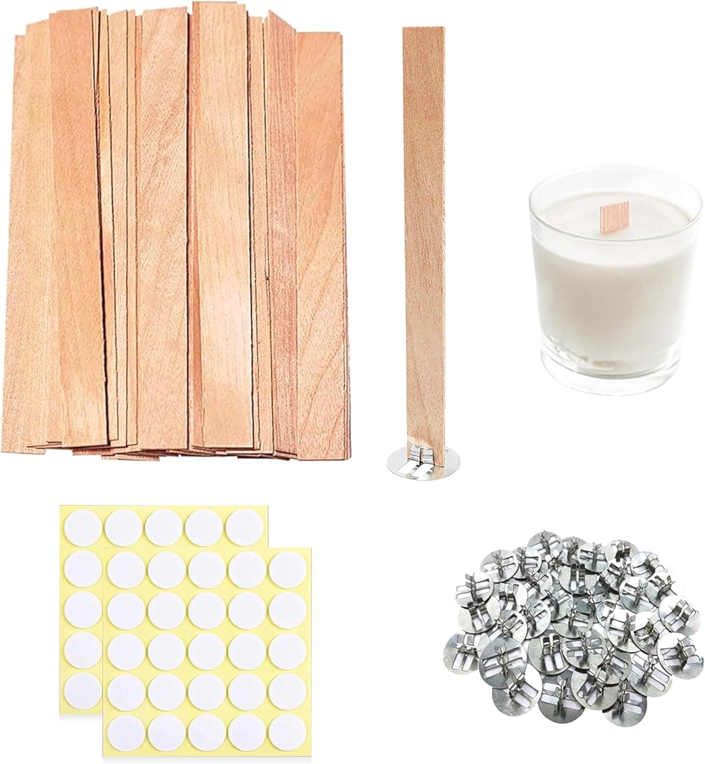 150 Pcs Thickned Wooden Candle Wicks. 5.1 X 0.5 X 0.06 Inch Upgrade Crackling Wooden Wicks, Long Lasting Smokeless Wood Wicks with Iron Standers, Wick Stickers, and Warning Labels- 50 Sets