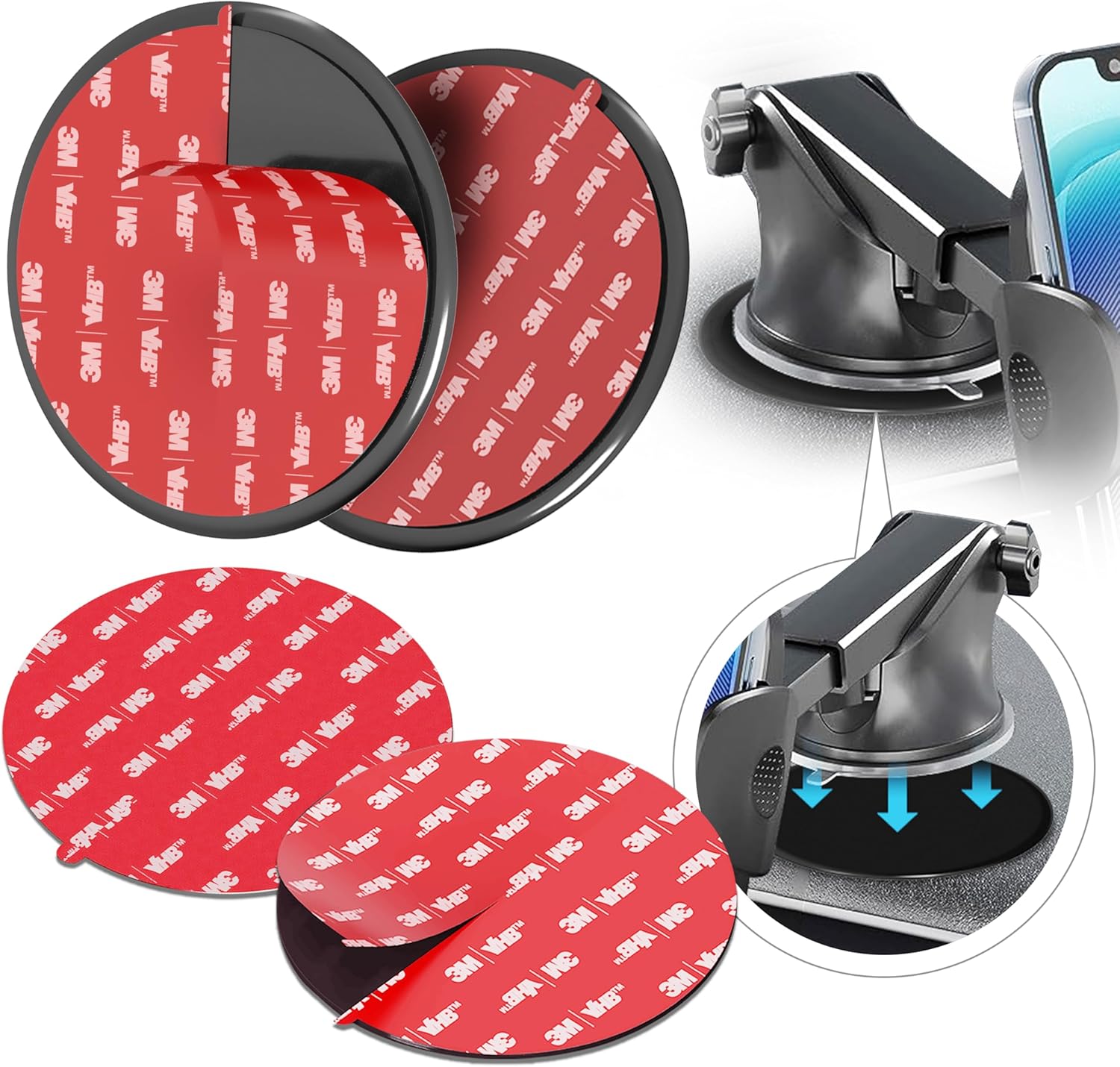 3M VHB Adhesive Dashboard Mounting Disk Set for Suction Cup Car Mounts - 3.74 inch (95mm) Wide, Ensures Secure Hold for Phone Holders, GPS, Dash Cams – Includes 2 Disks + 2 Replacement Sticky Pads