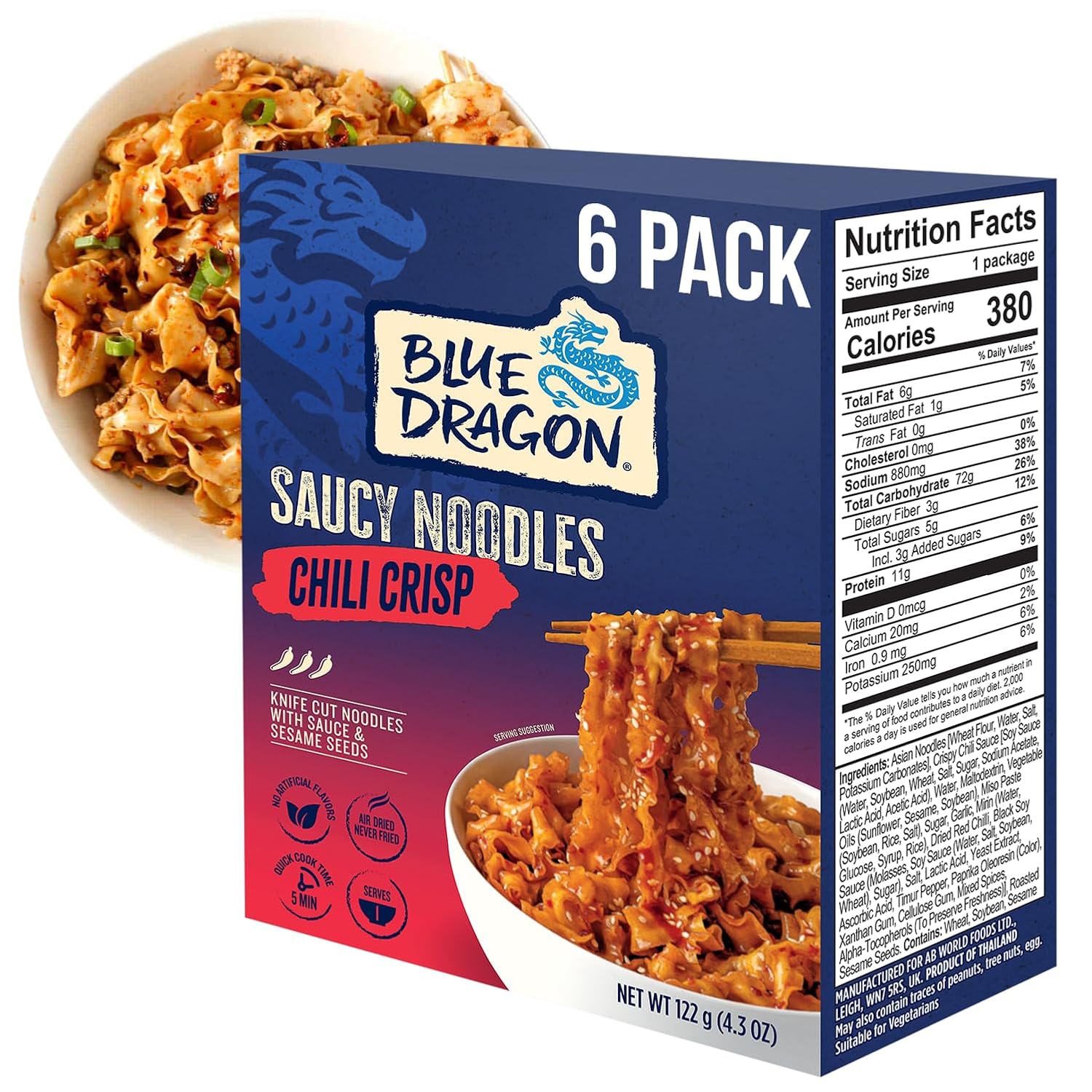 Blue Dragon Chili Crisp Saucy Noodles 4.2 oz (Pack of 6) – Knife-Cut Noodles with Crispy Chili Sauce – Air-Dried, Never Fried – Vegetarian Friendly