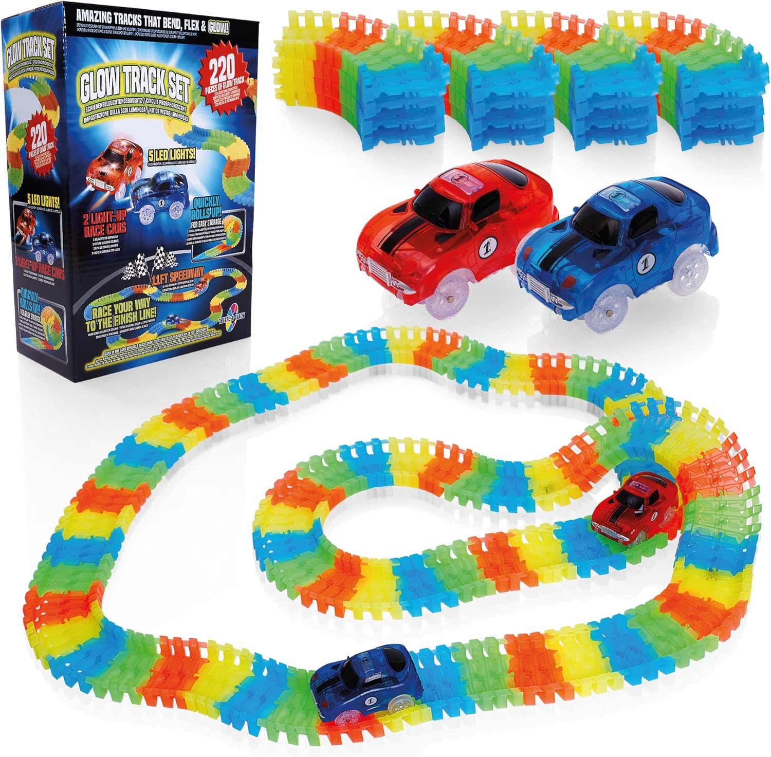 Create-A-Track Car Track Set - Race Track Toy With 220 Track Pieces & 2 Light Up Cars - Glow Tracks Racing Set For Boys or Girls