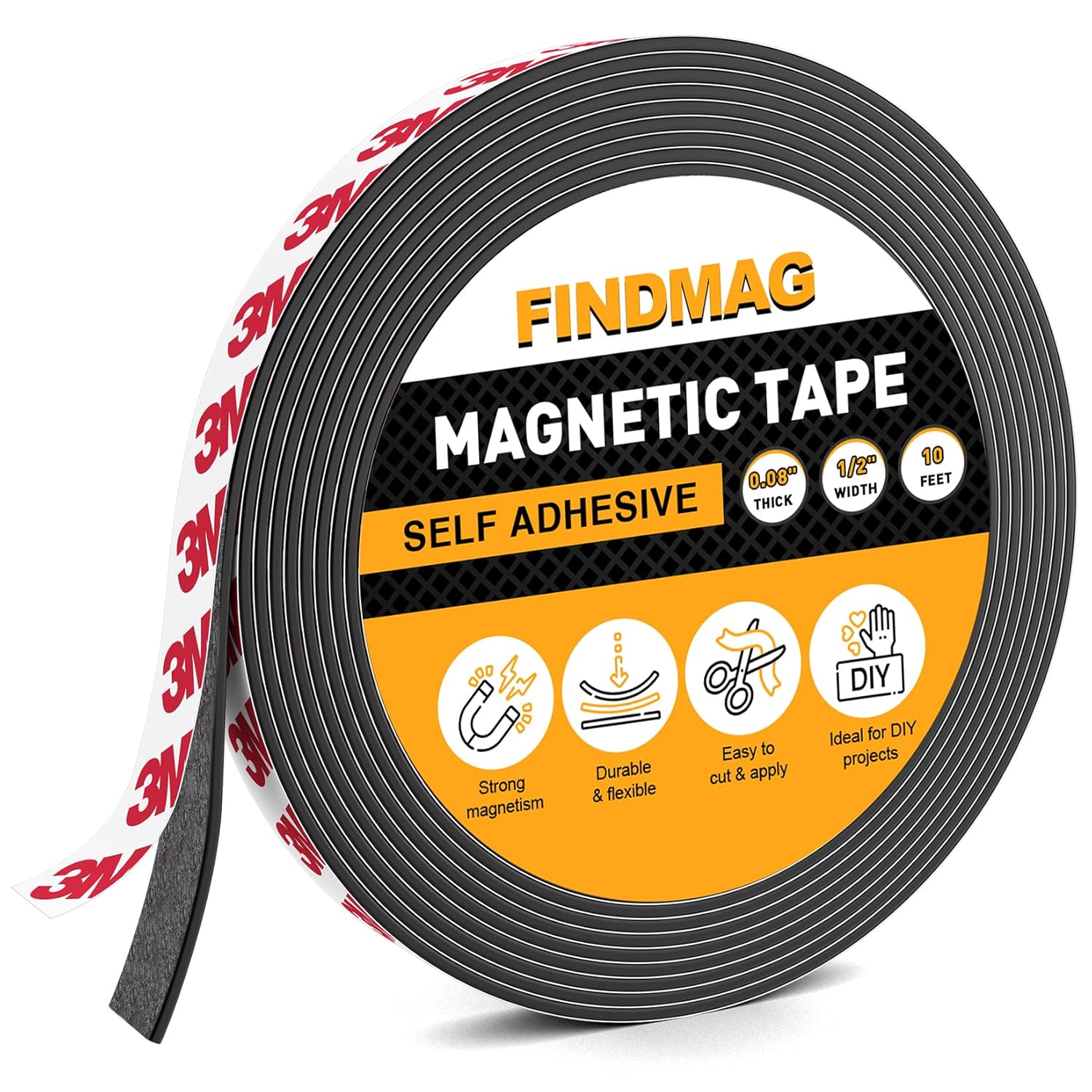 FINDMAG Magnetic Tape 10 Feet Flexible Magnetic Strip with Strong 3M Self Adhesive Magnet Tape Roll Perfect for Craft and DIY Projects, whiteboards & Fridge - 0.08" Thick x 1/2" Wide, 1 Roll