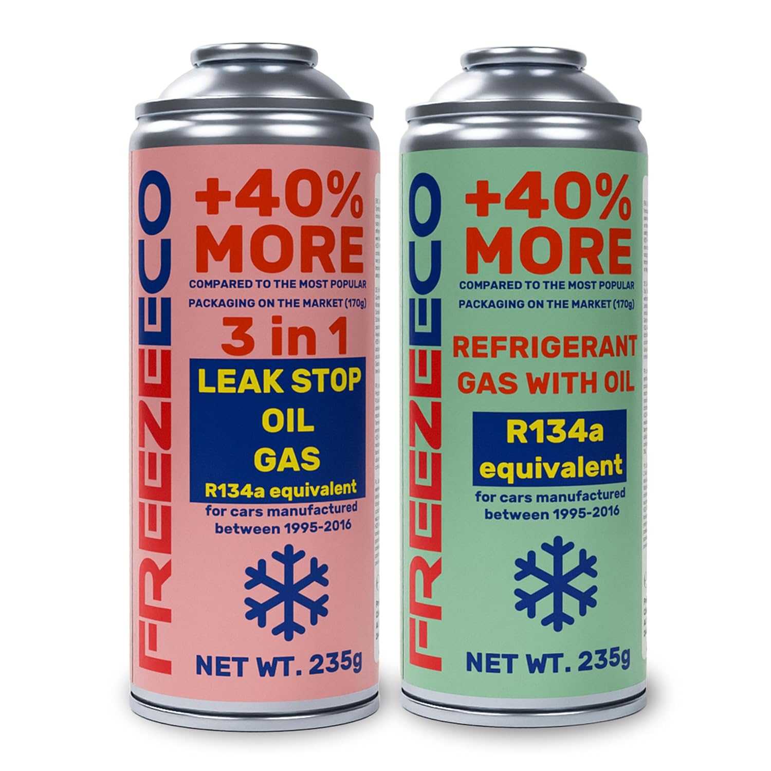 FreezeECO 2pcs SET: 3in1 LeakStop/Oil/Gas 235g Type A + 2in1 GAS with OIL Refrigerant 235g Type A [R134a/R12 equivalent – Cars 1995–2016] Type A (11.5mm) 470g