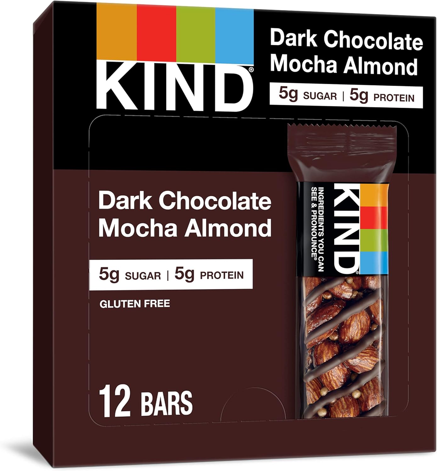 KIND Bars, Dark Chocolate Mocha Almond, Healthy Snacks, Gluten Free, Low Sugar, 5g Protein, 12 Count