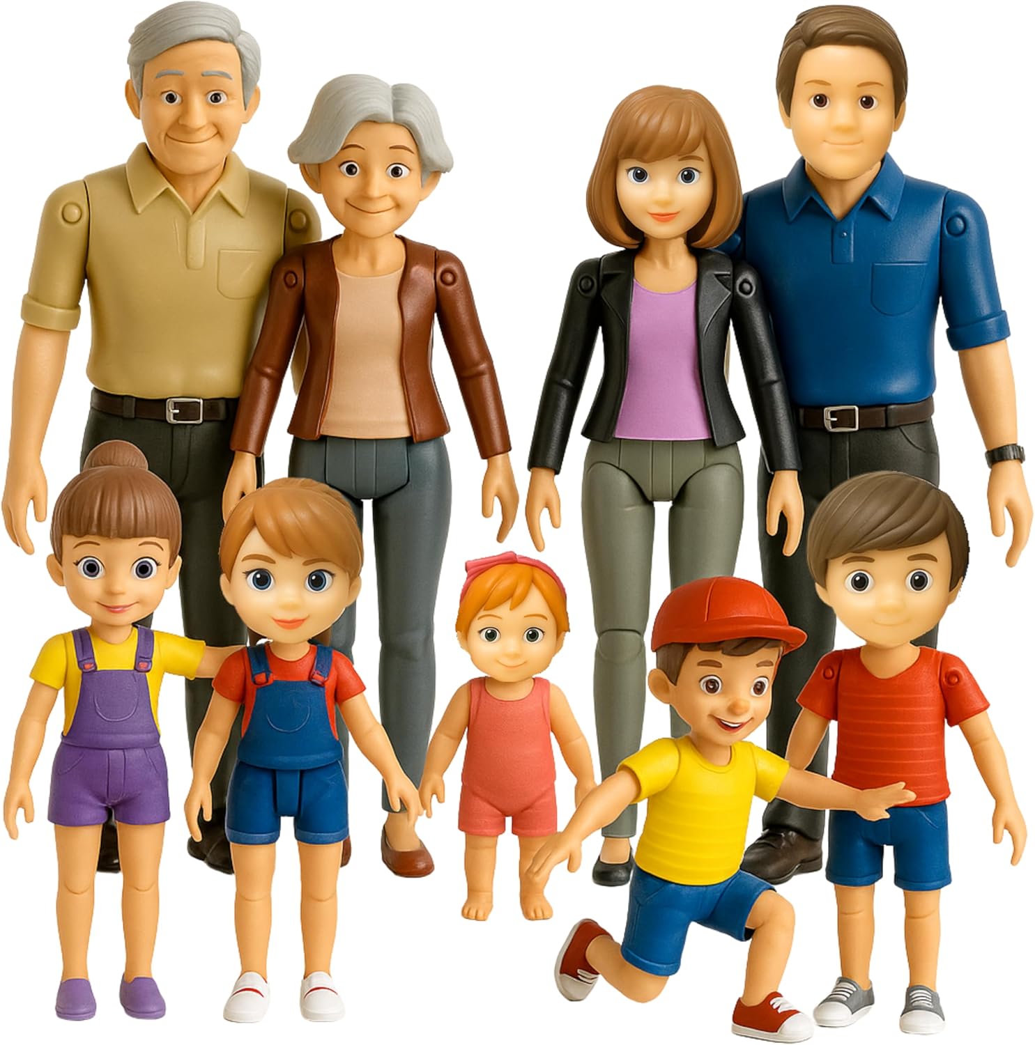 Dollhouse People, Bendable Dollhouse Family Set – 9 Poseable Figures Including Grandpa, Grandma, Mom, Dad, Sister, Brother, Cousins, and a Baby Girl – Perfect for Dollhouse Play and Imaginative Fun