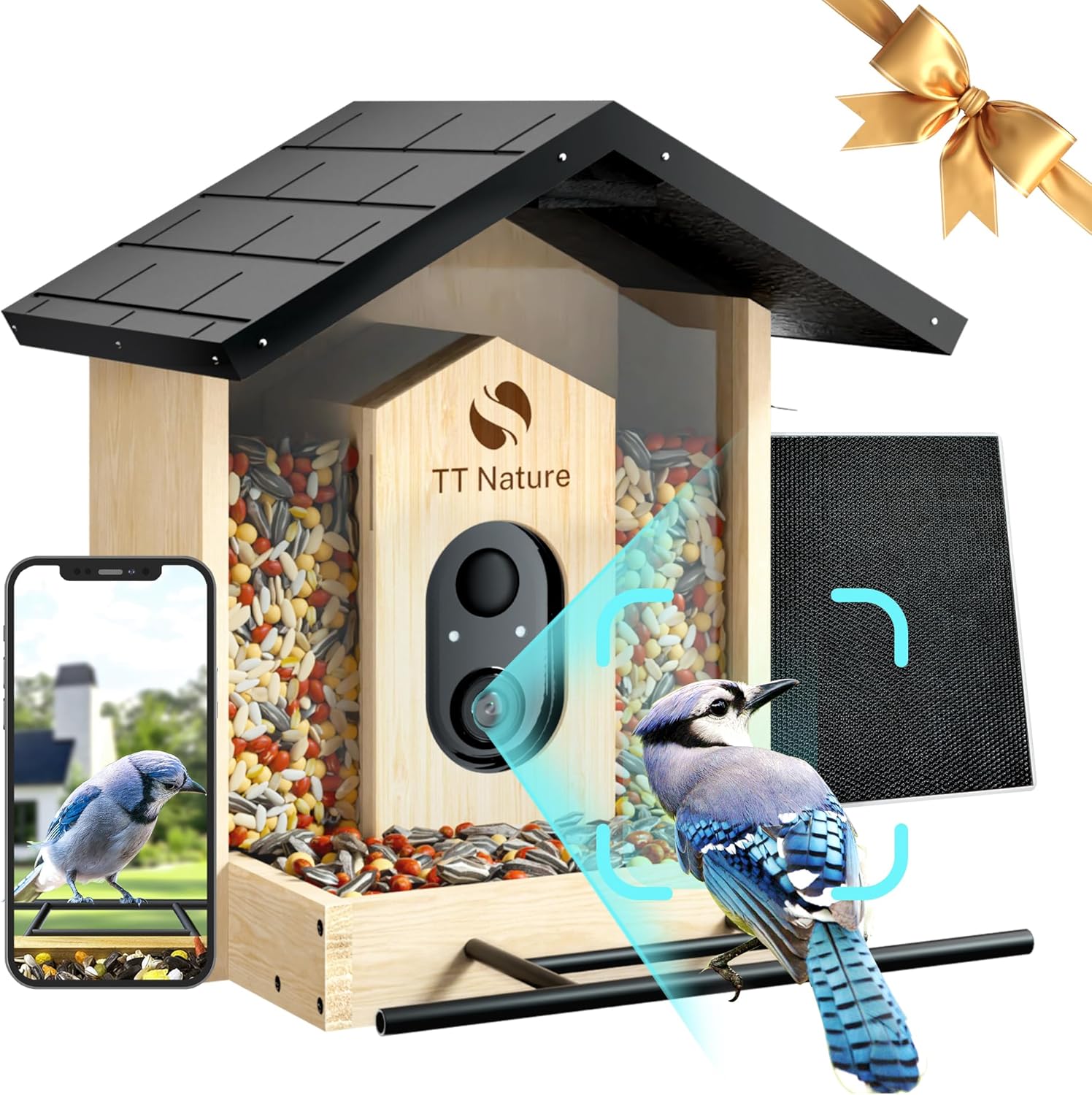 TT Nature Bird Feeder with Camera Solar Powered, Upgraded 1.5L Smart Bird Feeder Camera for Bird Watching, Auto Capture & Instant Real-time Notifications, Ideal Gift for Bird Lovers