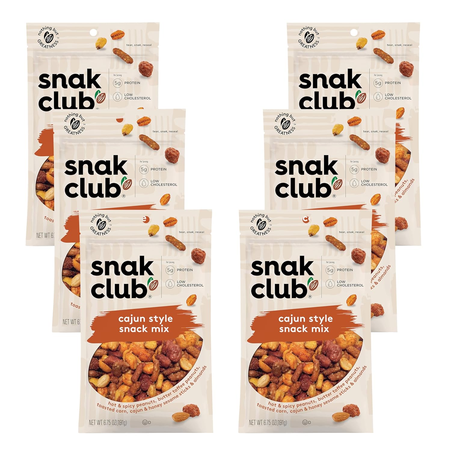 Snak Club Cajun Style Snack Mix with Hot and Spicy Peanuts, Butter Toffee Peanuts, Toasted Corn, Cajun and Honey Sesame Sticks, and Almonds, Kosher Trail Mix Snacks, 6.75 oz Resealable Bags, 6 Pack