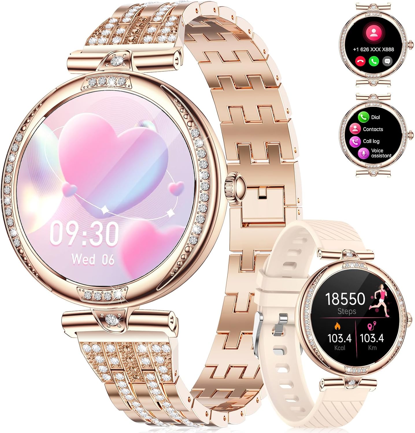 Smart Watches for Women, 1.19" AMOLED Always-on Display Diamond Smart Watch with Bluetooth Call, Blood Pressure/SpO2/Heart Rate Monitor, 121 Sports Modes, IP68 Waterproof Smartwatch for Android iOS
