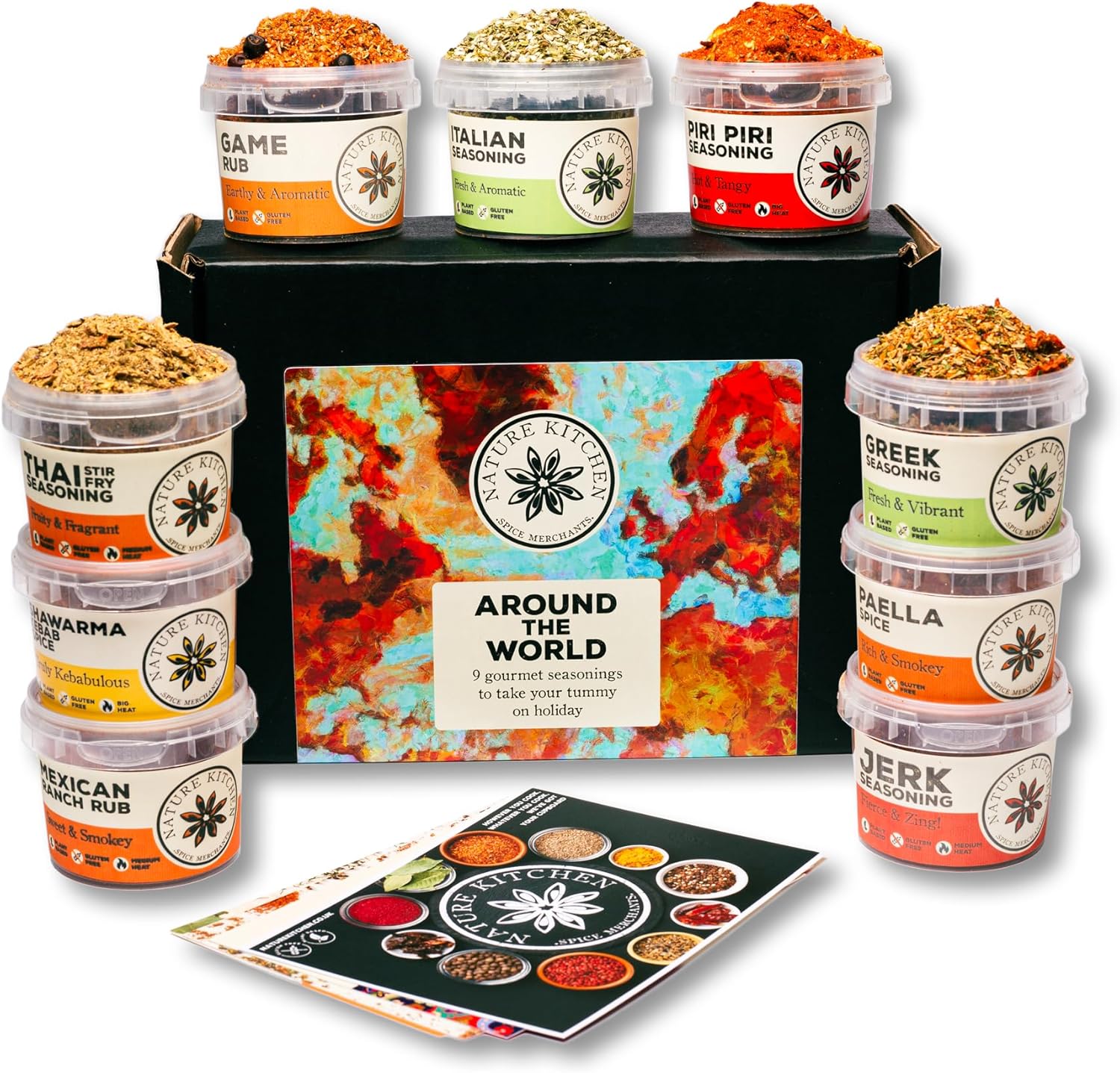 Nature Kitchen Around The World Gourmet Seasoning Gift Set 9 Spice Pots Perfect for At Home Friends and Family dining. Thai, Mexican, Piri Piri, Greek, Shawarma, Italian