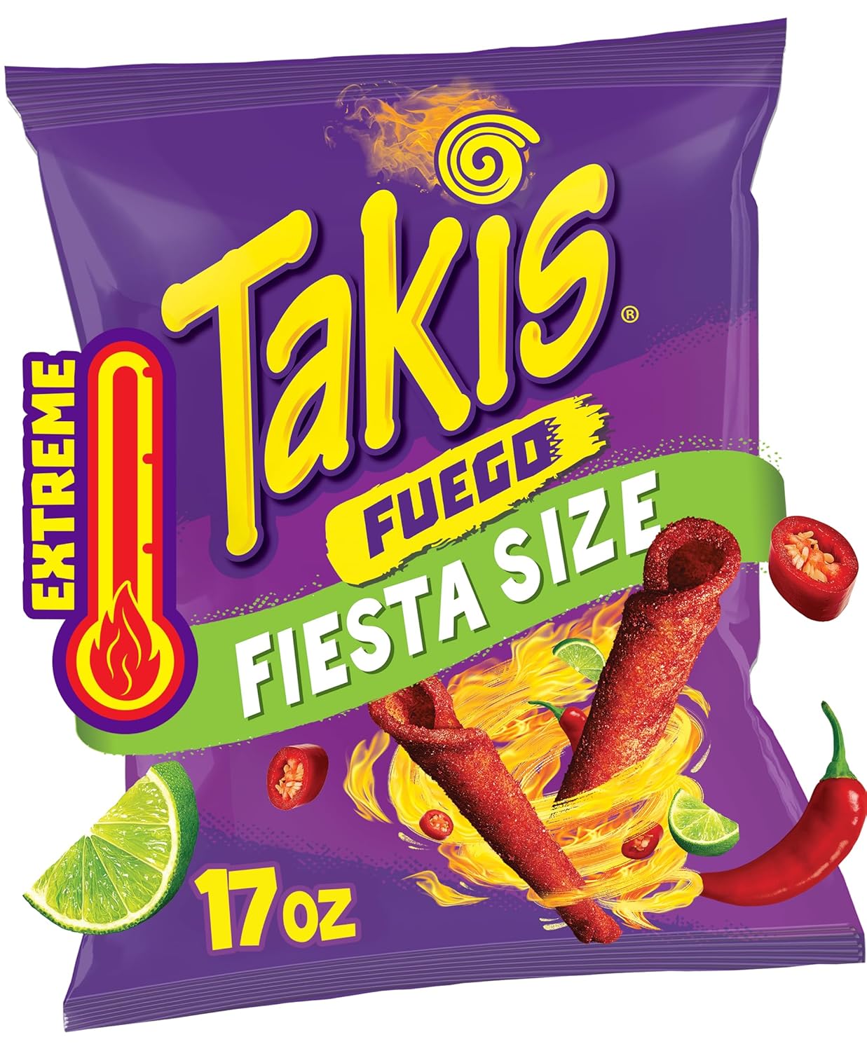 Takis Fuego 17 oz Fiesta Size Bag, Hot Chili Pepper & Lime Flavored Extreme Spicy Rolled Tortilla Chips