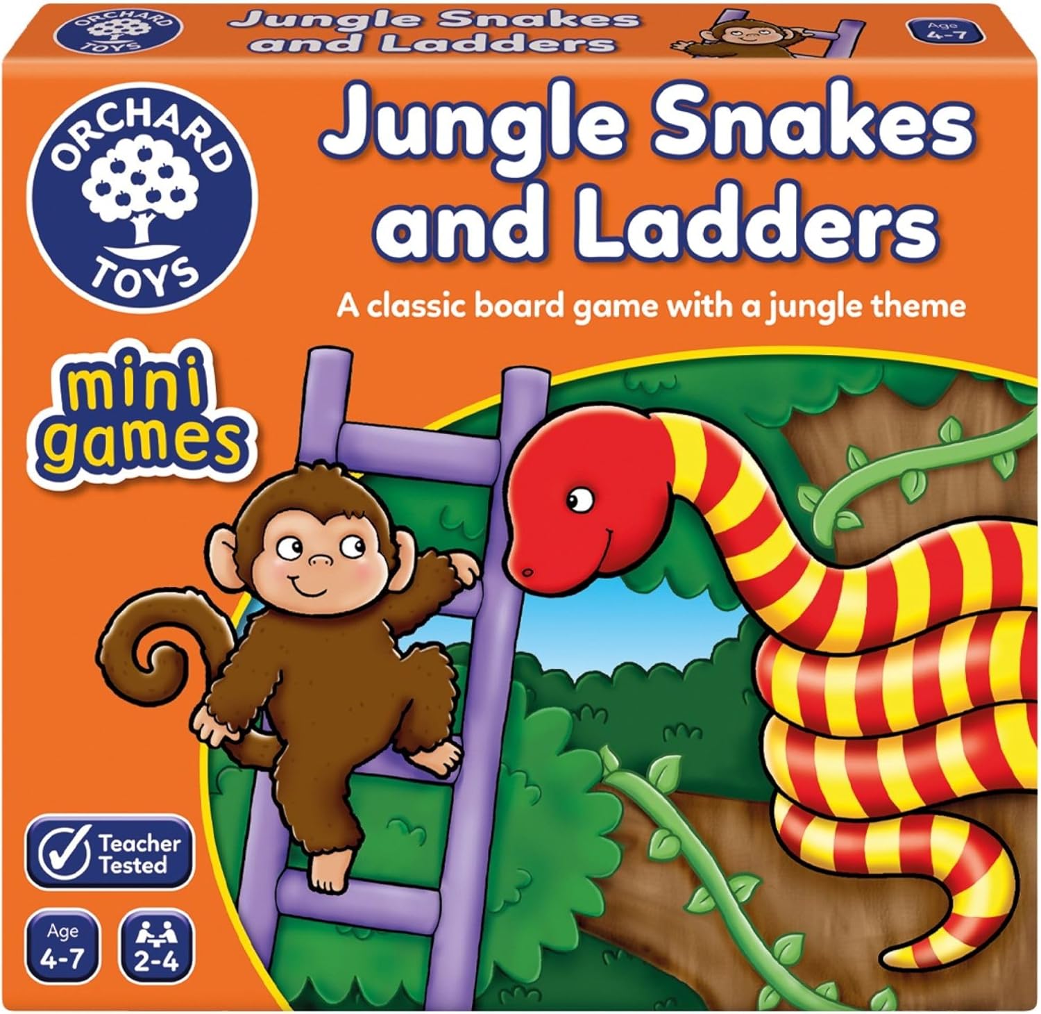 Orchard Toys Jungle Snakes and Ladders Mini Game, Small and Compact, Travel Game, Perfect for Children Age 4-7, Travel Game