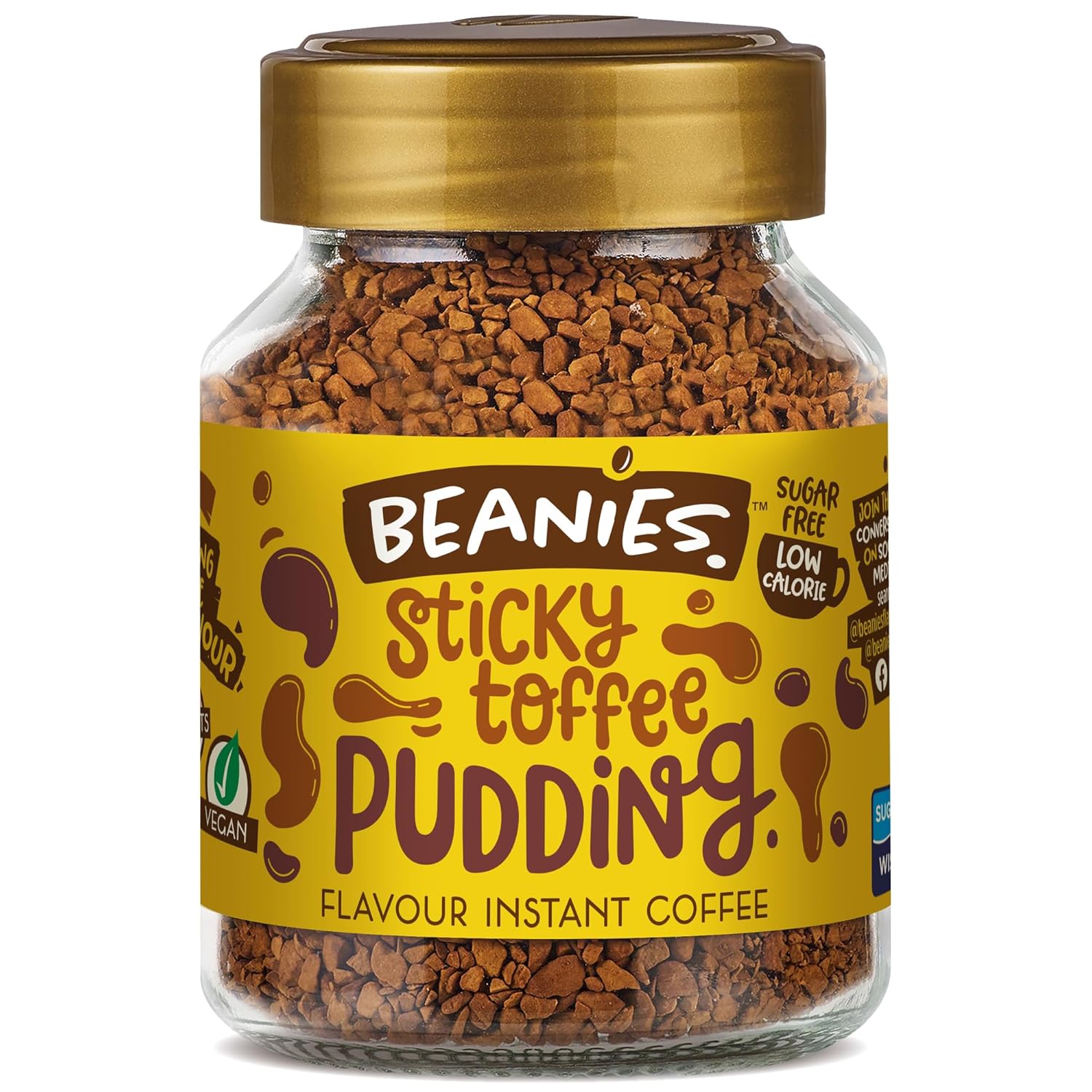 Beanies Flavour Instant Coffee -Sticky Toffee Pudding Instant Flavored Coffee - Bold & Adventurous Full-On Flavor - An Indulgent Sugar Free Taste Explosion - Low Calorie - Vegan & Gluten Free - Wheat & Dairy Free, 6 x 50g jar