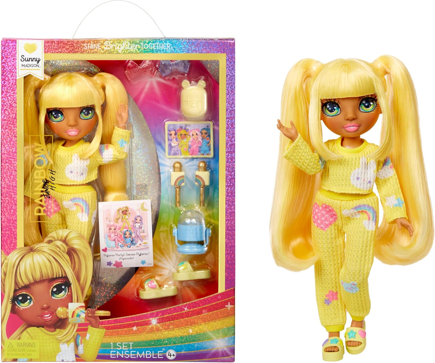 Rainbow High Jr High PJ Party - Sunny, Yellow 9" Posable Blonde Fashion Doll with Soft Onesie, Slippers, Fun Play Accessories, Great Toy Gift for Girls Kids Ages 4-12 Years