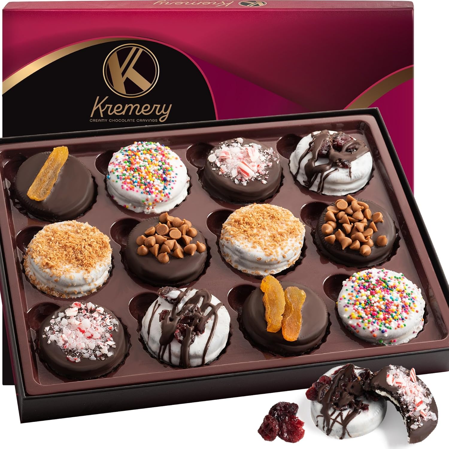 KREMERY Creamy Chocolate Cravings - Chocolate Covered Sandwich Cookies & Cream Gift Basket, in Elegant Gift Box (12 Cookies, Assorted Sweet Toppings) Kosher Parve, USA Made