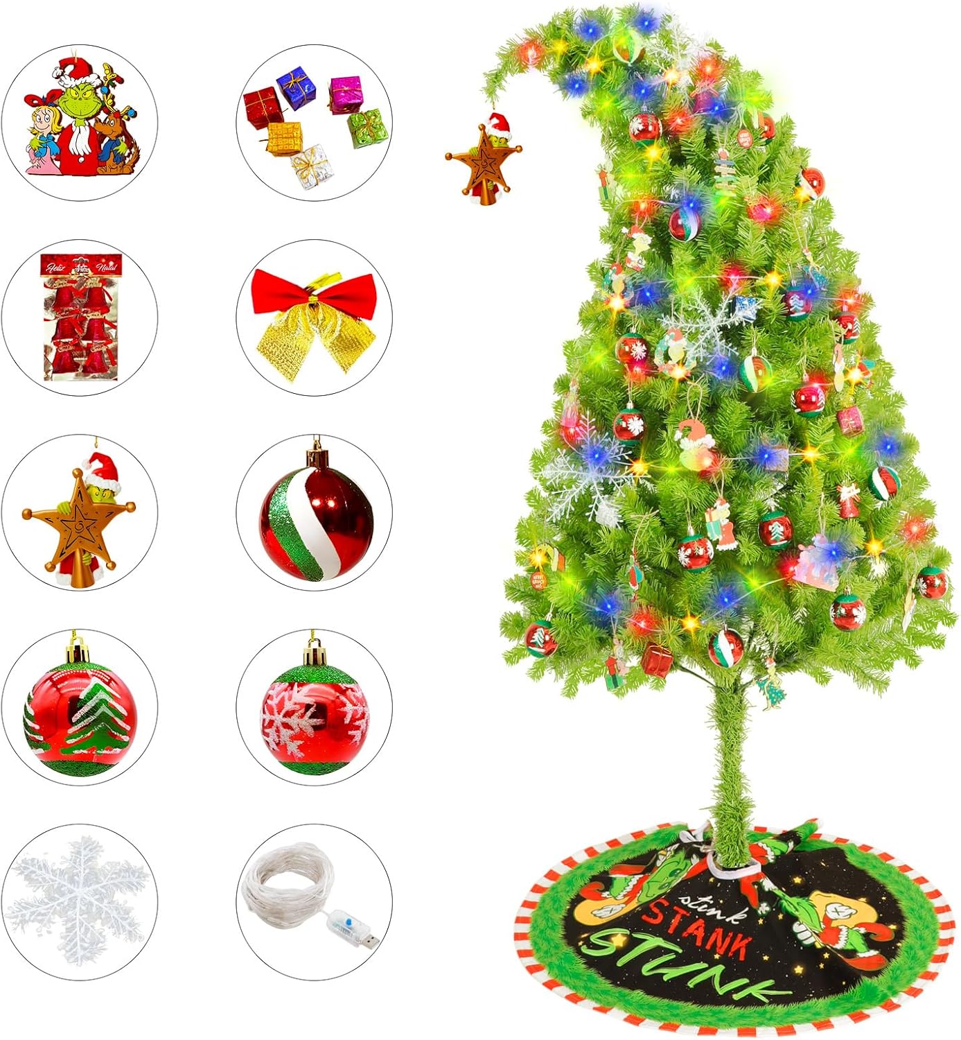 5.7FT Christmas Tree Bendable Prelit, Artificial Christmas Tree Stand and Whimsical Christmas Tree Ornaments, Christmas Decorations for Home Office Party Decor