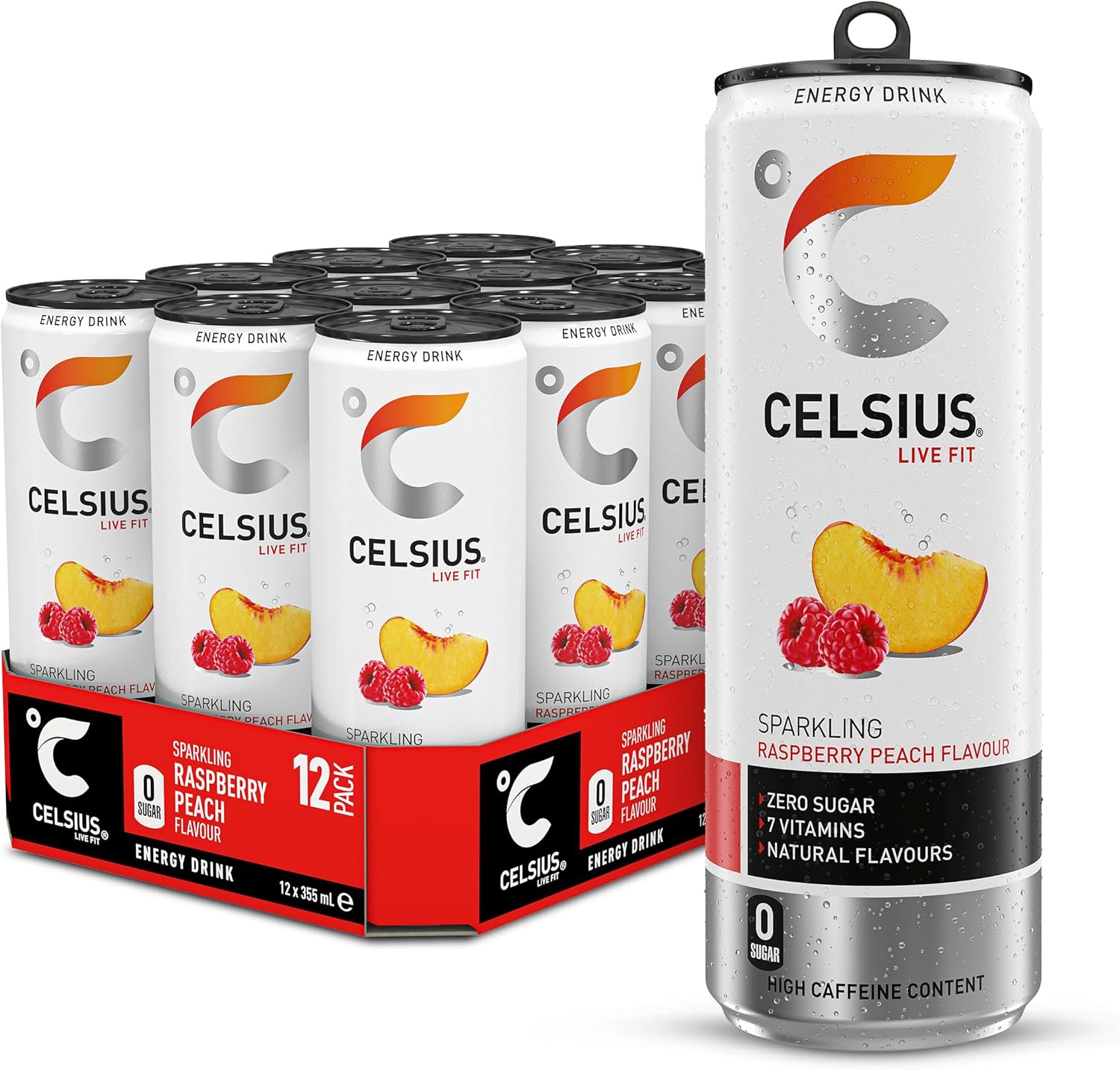CELSIUS Energy Drink, Sparkling Raspberry Peach, Natural Flavours, No Artificial Colours, Sugar Free Energy Drinks, 355 mL