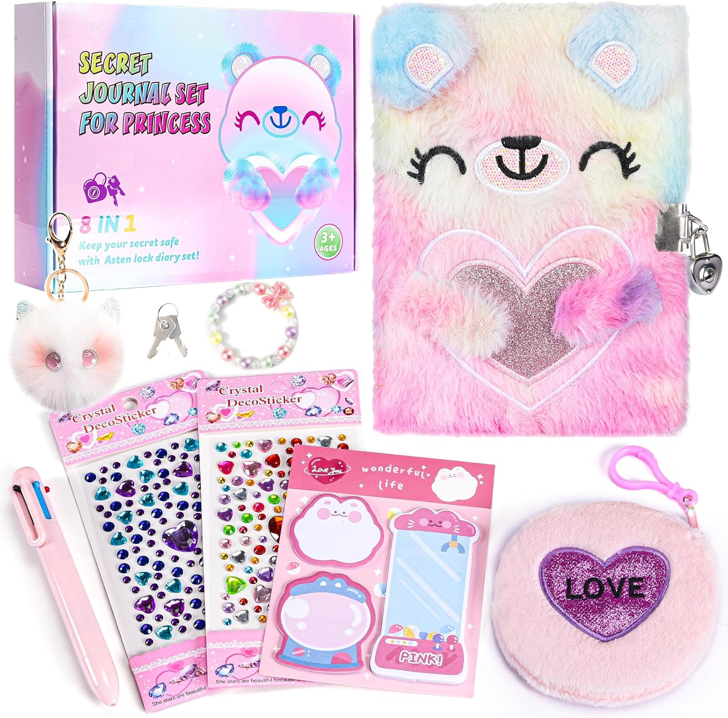 Diary for Girls Age 8-12, Girls Journal with Lock and Key, Kids Journal for Little Girls Birthday Gift, Cute Notebook with Multicolors Pen and Purse, Locking Diary Fuzzy Notebook for Writing (Pink)