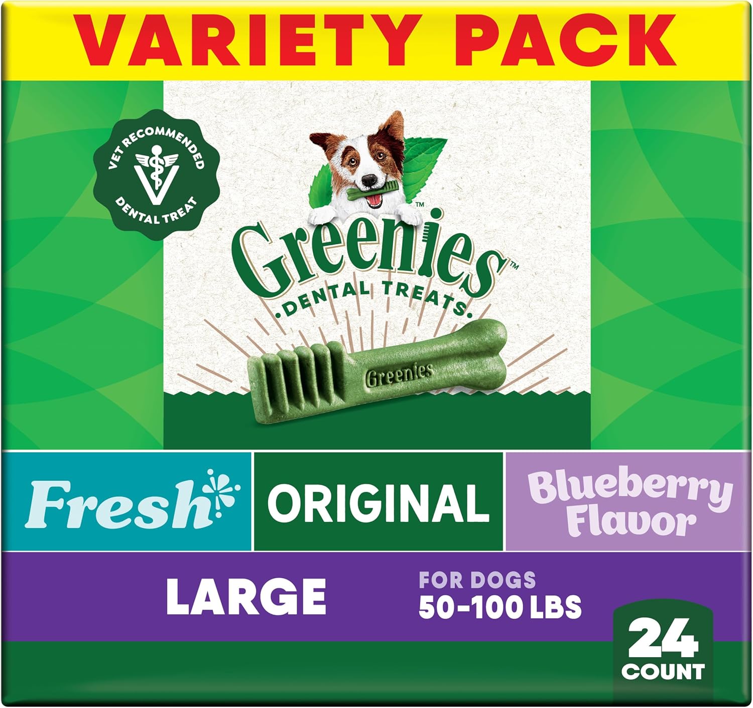 Greenies Veterinarian-Recommended Adult Natural Dental Dog Treats Large Size, Fresh Flavor, Original Flavor, and Blueberry Flavor, (3) 12 oz. Packs, 24 Count