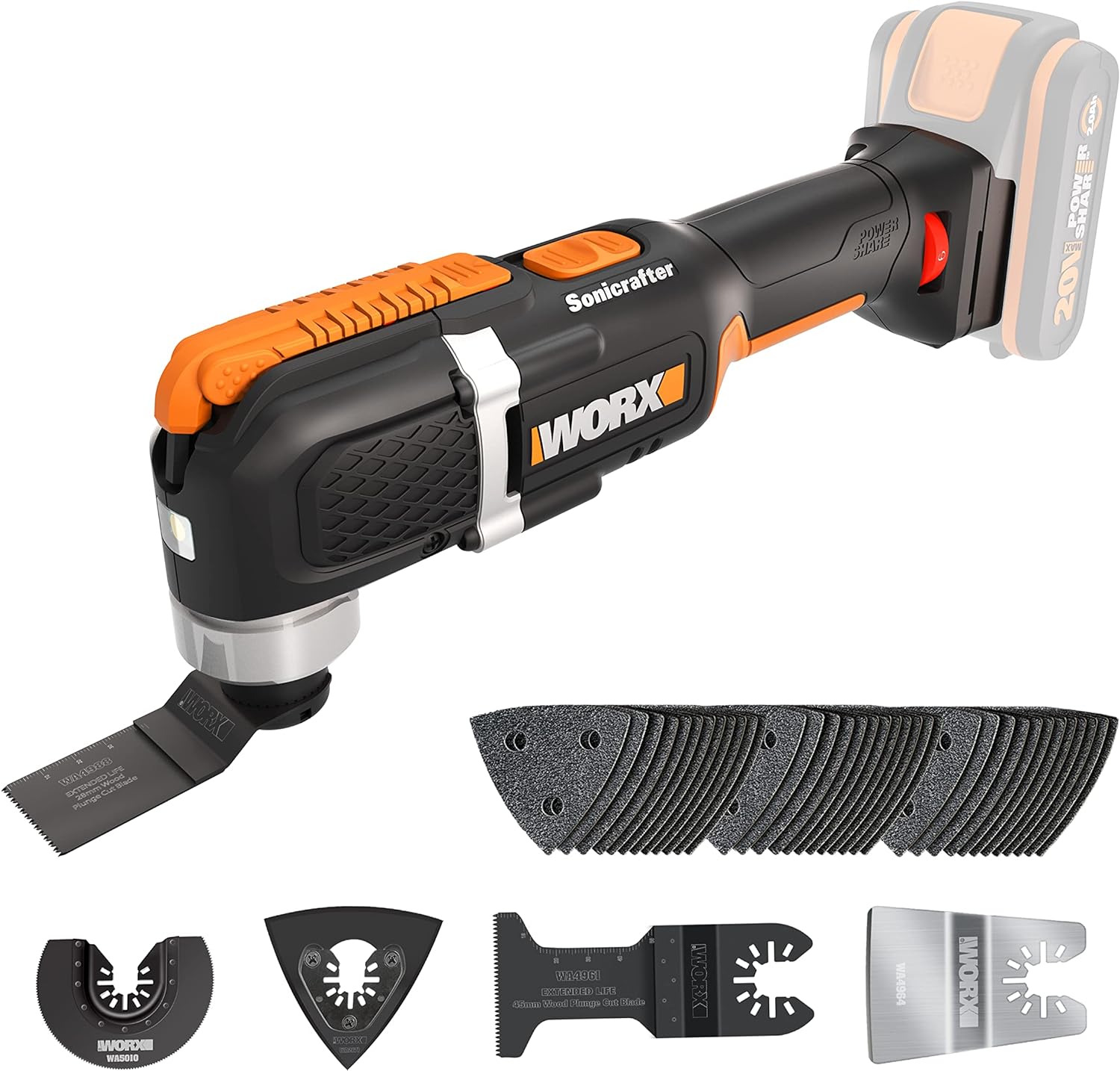 WORX WX696.9 Sonicrafter Cordless Oscillating Multi-Tool, Power Share, Variable Speed with Accessories, 18V (20V Max), Without Battery & Charger