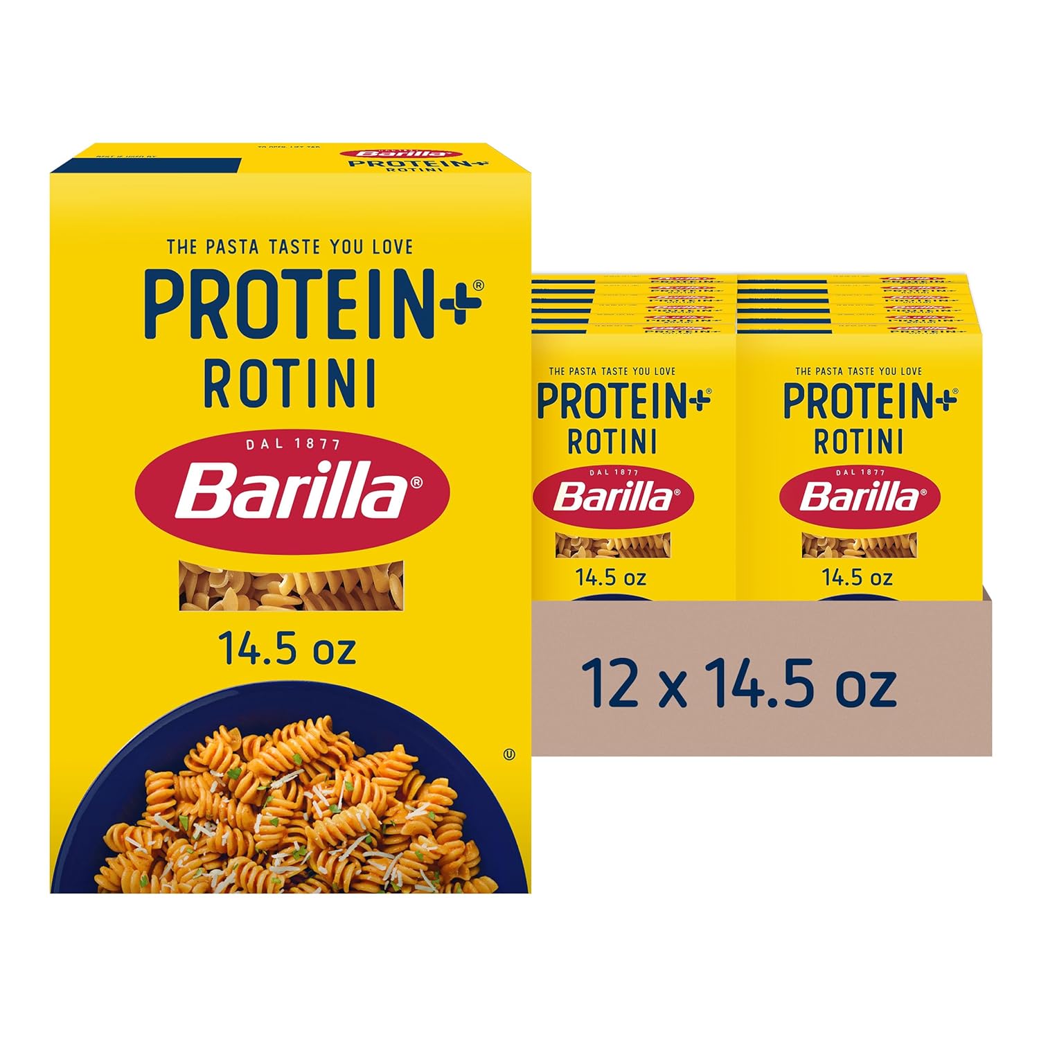 BARILLA Protein+ (Plus) Rotini Pasta, 14.5 Ounce (Pack of 12) - plant based pasta - Made from Lentils, Chickpeas & Peas - Non-GMO, Kosher Certified and Vegan