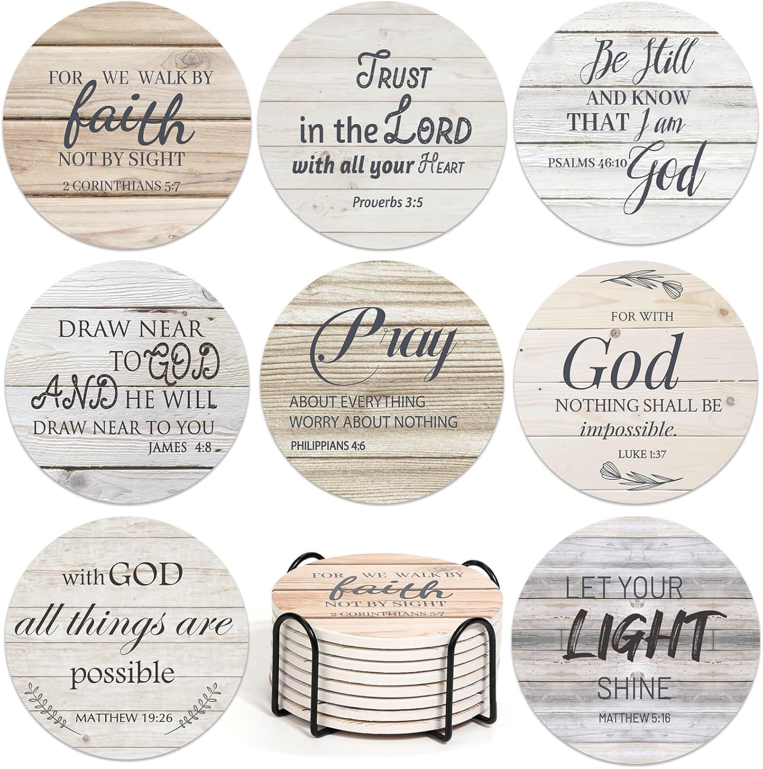 Billbotk Ceramic Coasters with Bible Verses, Christian Coasters Set of 8 with Holder, Absorbent Drink Coasters for Christian Gifts and Home Decor, 4 Inches