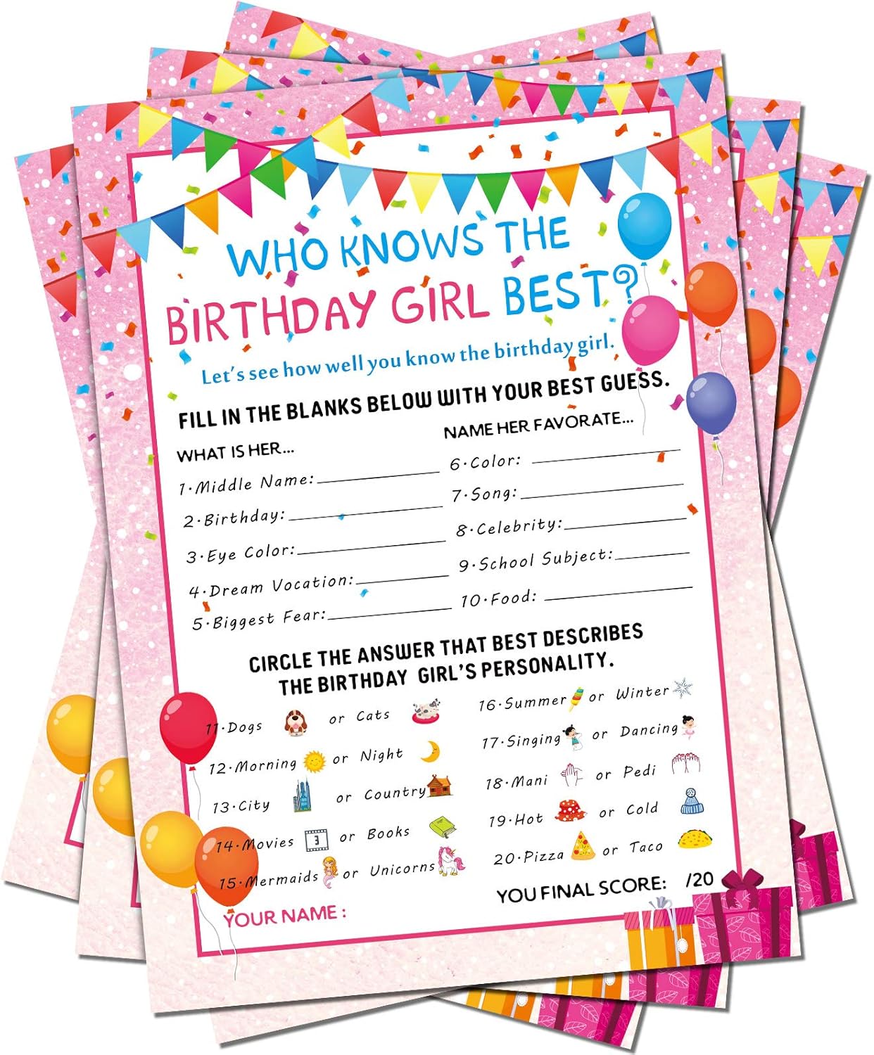 Skylety The Birthday Girl Best, 50 Pieces Birthday Party Activity Game Card Set Who Knows Her Best Girl Birthday Party Activity Themed Party Decorations (Pink)