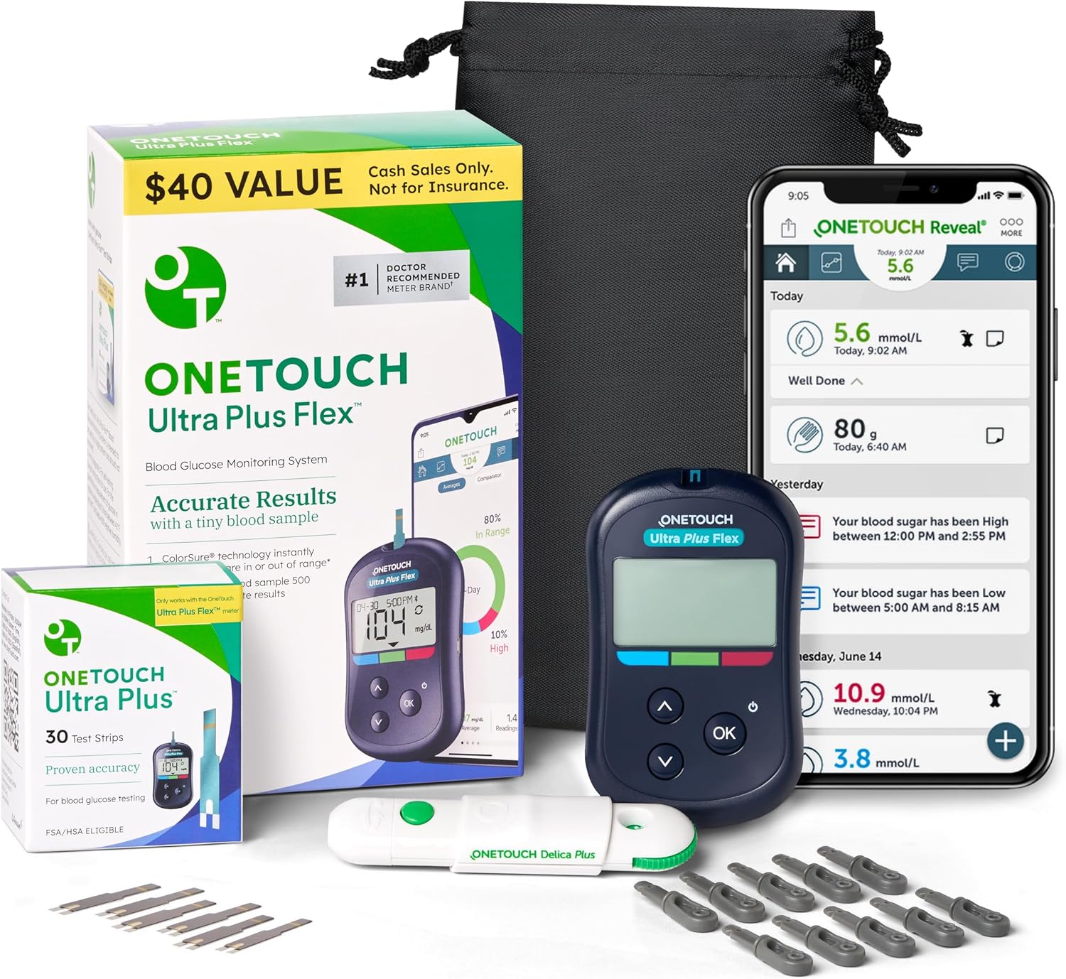 OneTouch Ultra Plus Flex Value Diabetes Testing Kit | Blood Sugar Test Kit Includes 1 Blood Glucose Meter, 1 Lancing Device, 30 Diabetic Test Strips, 10 Lancets, and Carrying Pouch