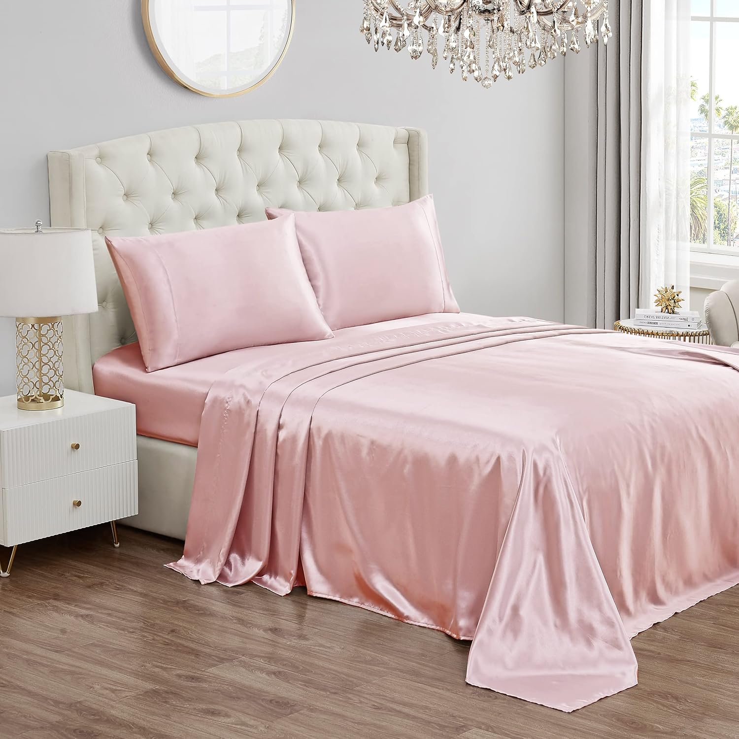 Juicy Couture Queen Size Satin Bed Sheet Set, Deep Pocket Silky Satin Queen Sheet Set with 1 Fitted Sheet, 1 Flat Sheet and 2 Pillow Case, Wrinkle Resistant and Anti Pilling - Pink
