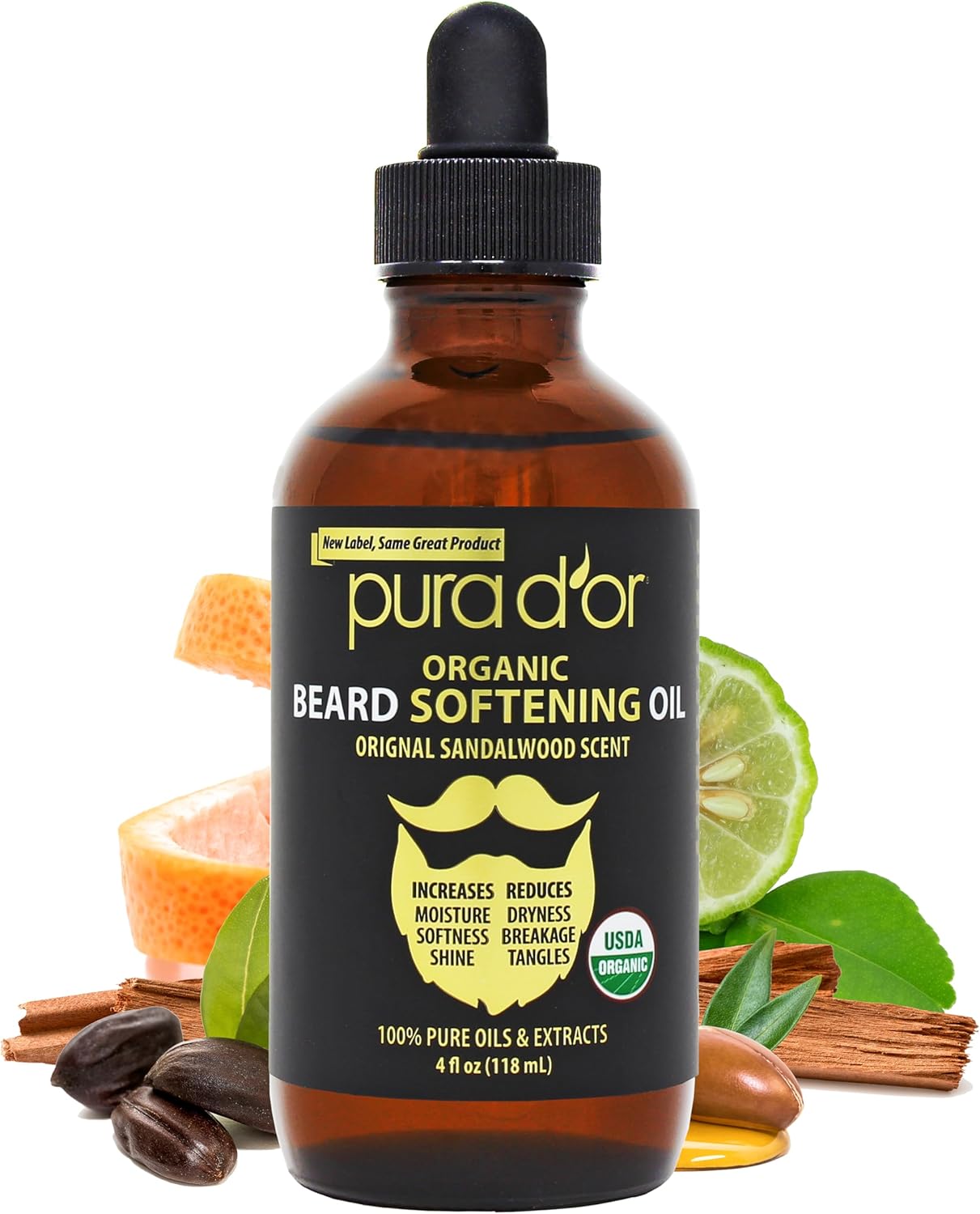 PURA D’OR (118 ml) Organic Beard Oil 100% Pure & Natural Leave-in Conditioner - Argan & Jojoba Oil - Beard, Mustache Care & Maintenance - Helps Increase Softness, Strength & Skin Moisture for Men