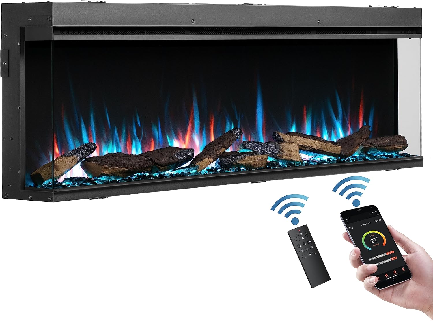 FLAMME Knighton 150cm/59" 3-Sided Electric Media Wall Fire, Recessed TV Media Wall, Multiple Flame Colours, Sound Effects and APP Control