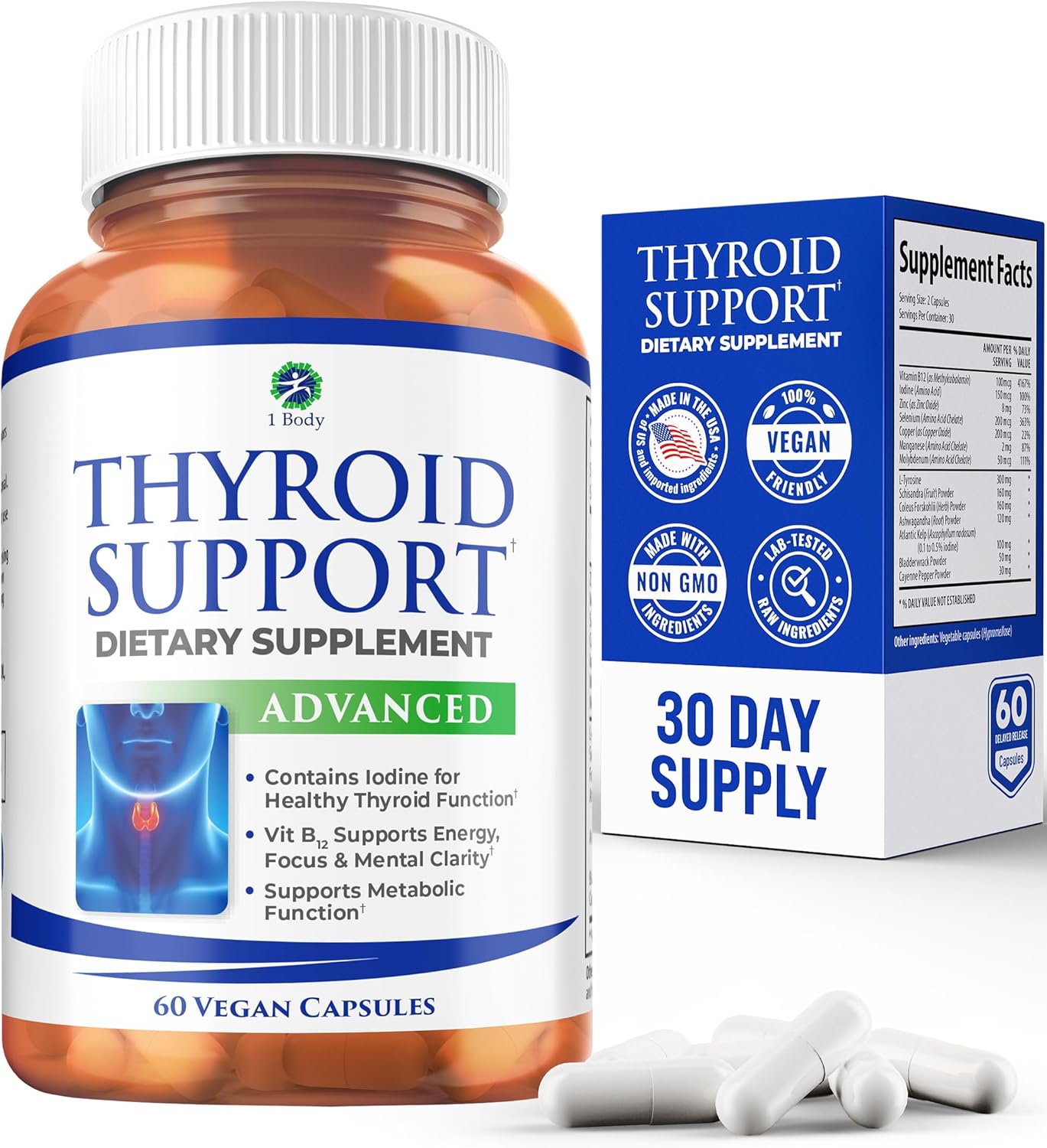 Thyroid Support Supplement for Women and Men - Energy & Focus Formula - Vegetarian & Non-GMO - Iodine, Vitamin B12 Complex, Zinc, Selenium, Ashwagandha, Copper, Coleus Forskohlii, & More 30 Day Supply