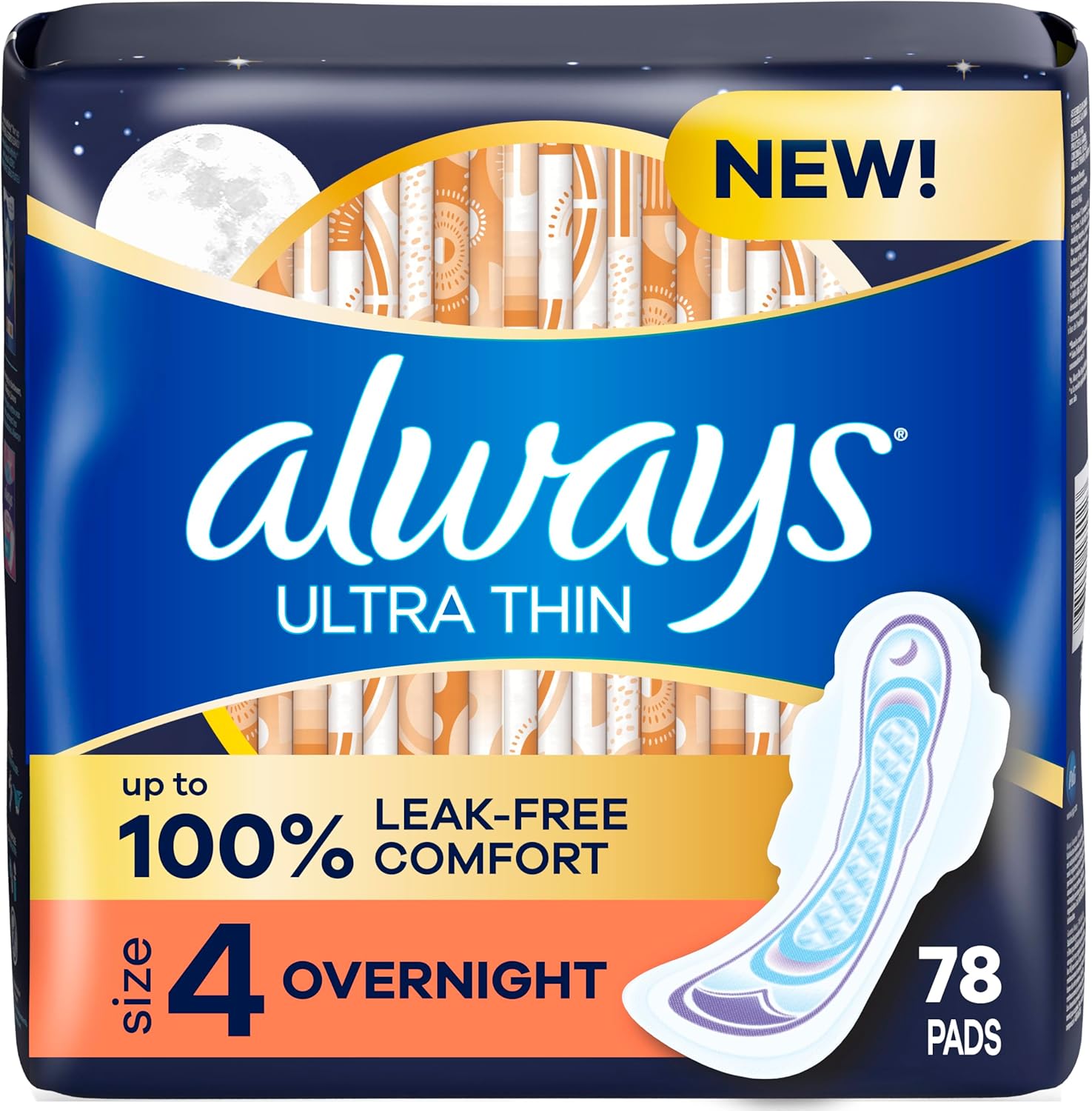 Always Ultra Thin Overnight Pads with Flexi-Wings, Size 4, Overnight, Unscented, 78 Count Total (3 Packs of 26)
