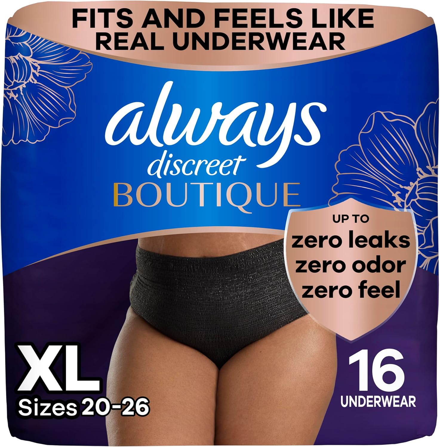 Always Discreet Boutique Incontinence and Postpartum Underwear for Women, Maximum Protection, XL, Black, 16 Count