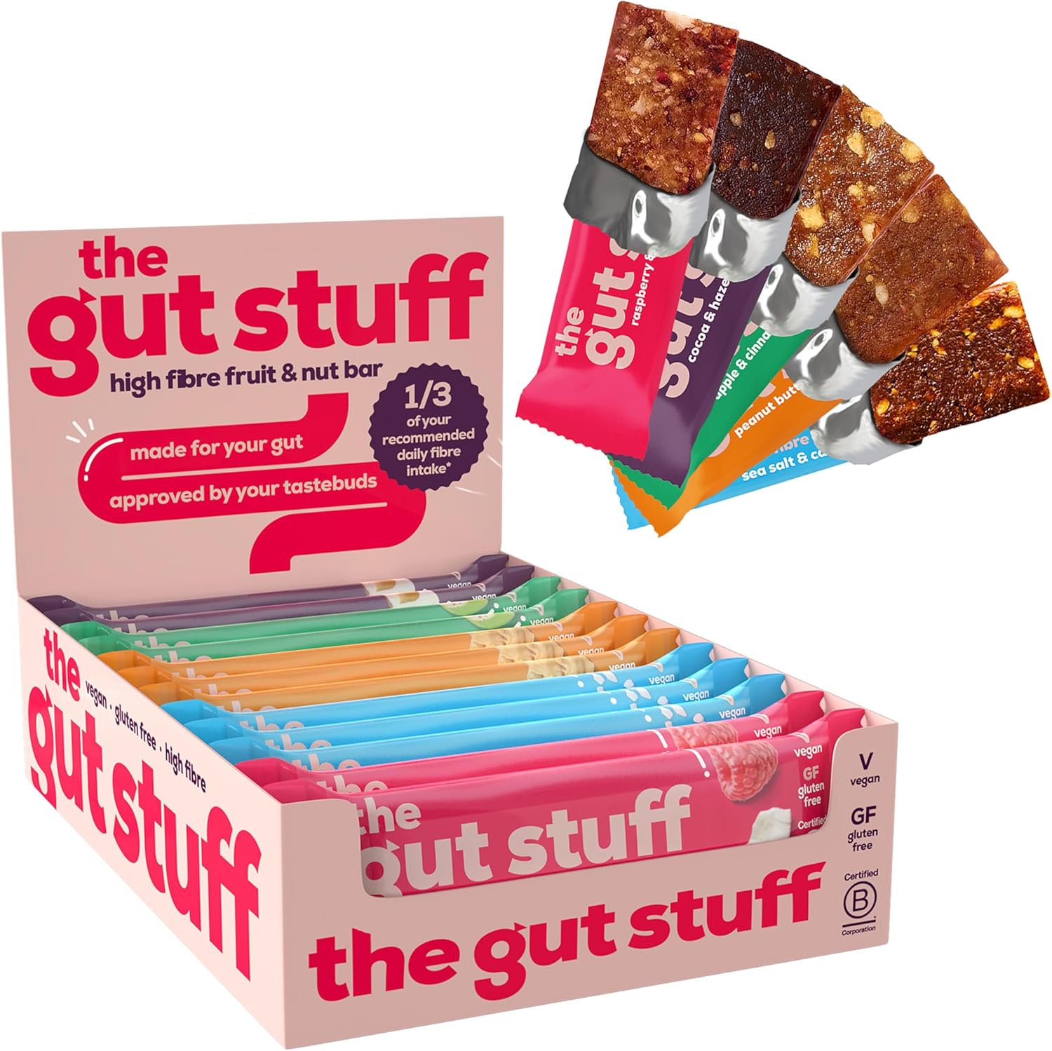 The Gut Stuff – High Fibre Fruit & Nut Bars – Mixed Flavours – 12 x 35g Bar Box – Gut Friendly Snack, Gluten Free, Vegan, Low Calorie, All Natural