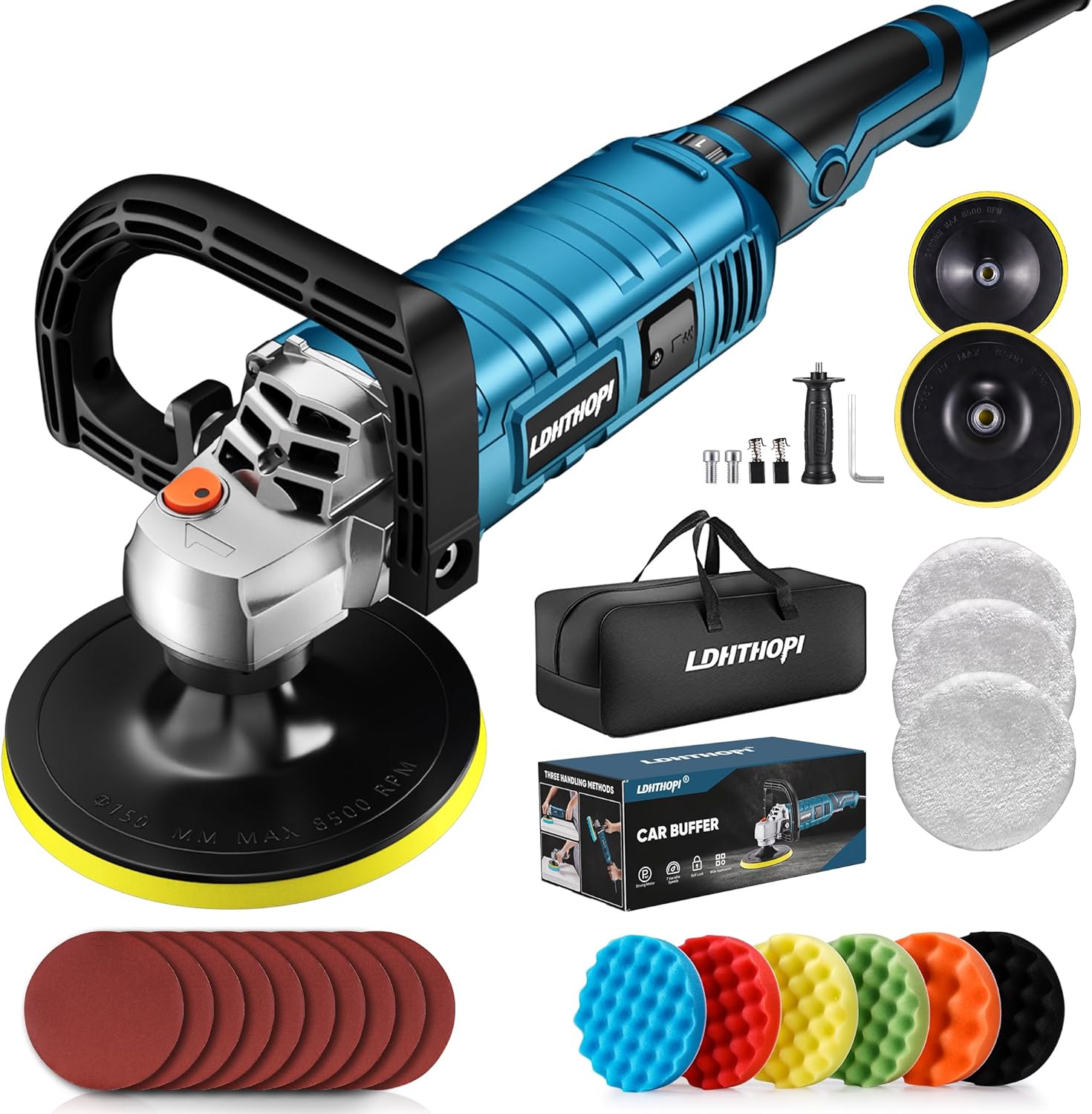 Buffer Polisher, 1600W 7 Inch/6 Inch Rotary Buffer Polisher Waxer, 7 Variable Speed 1000-3500 RPM, Detachable Handle for Car, Boat Sanding, Polishing, Waxing