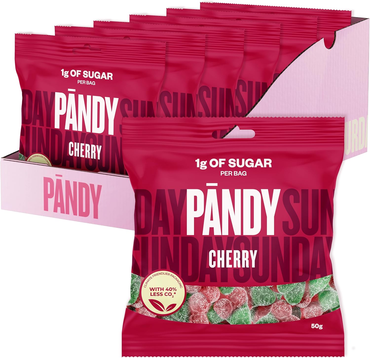 PANDY Candy Cherry Sweets, Refreshing Gummy Candies Bag, Only 1g Sugar & 70 Calories, 6x50g