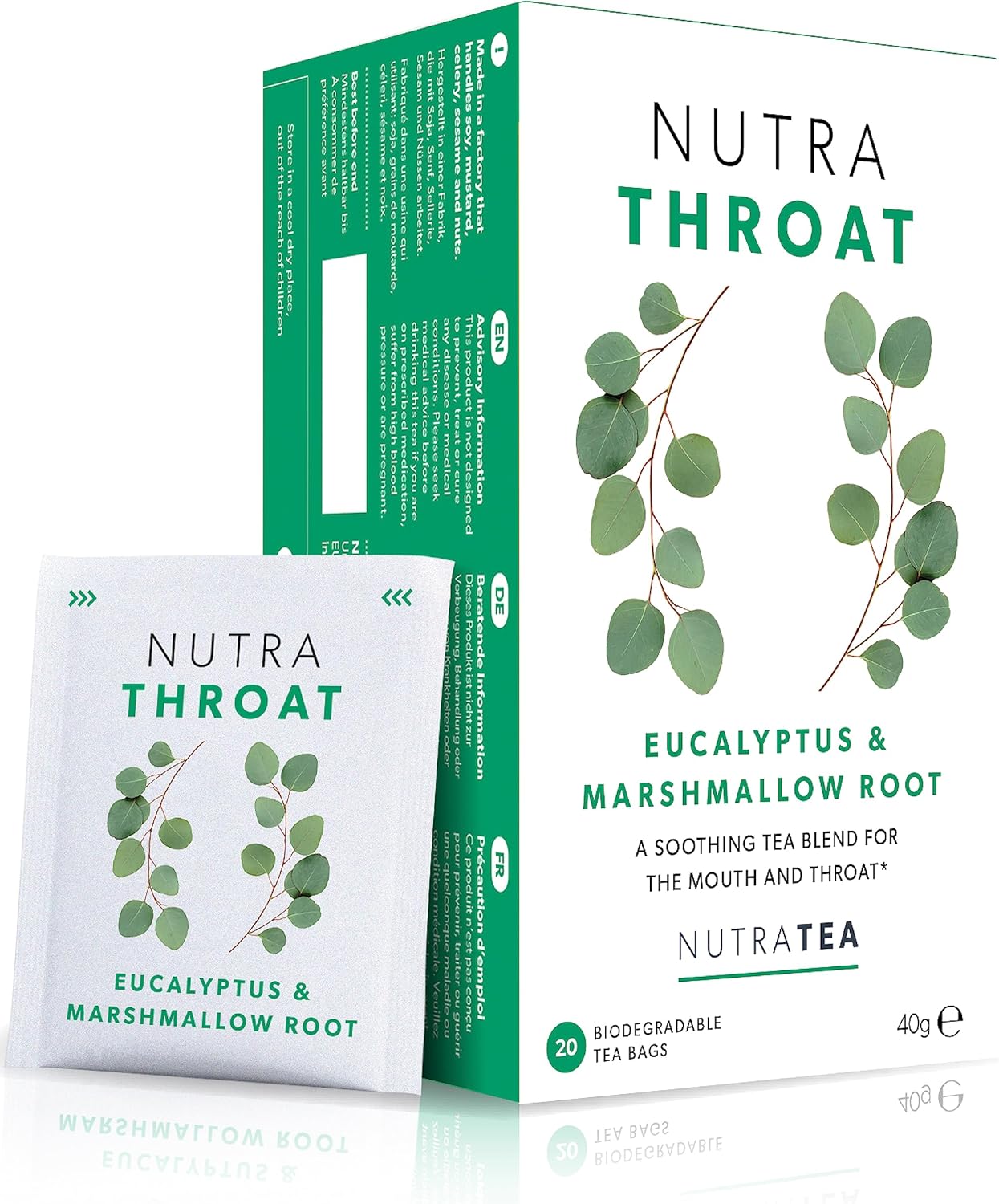 Nutra Tea NUTRATHROAT - Throat Herbal Tea | Throat Comfort Tea - For Sore Throat & Coughs with Marshmallow Root, Slippery Elm and Fenugreek - 20 Enveloped Tea Bags - Herbal Infusion (1 Pack)