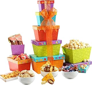 Broadway Basketeers Food Chocolate Gift Basket Tower for Birthdays – Curated Snack Box, Sweet and Savory Treats for Parties, Best Wishes, Birthday Presents for Women, Men, Mom, Dad, Her, Him, Families