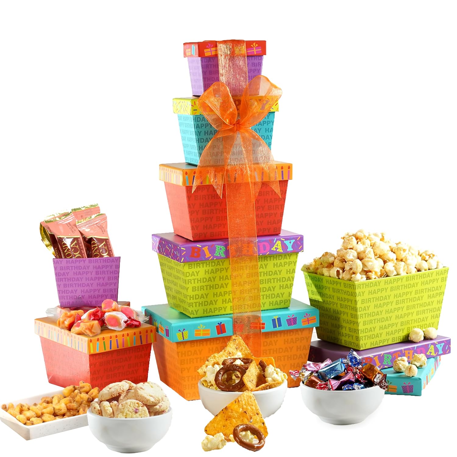 Broadway Basketeers Food Chocolate Gift Basket Tower for Birthdays – Curated Snack Box, Sweet and Savory Treats for Parties, Best Wishes, Birthday Presents for Women, Men, Mom, Dad, Her, Him, Families