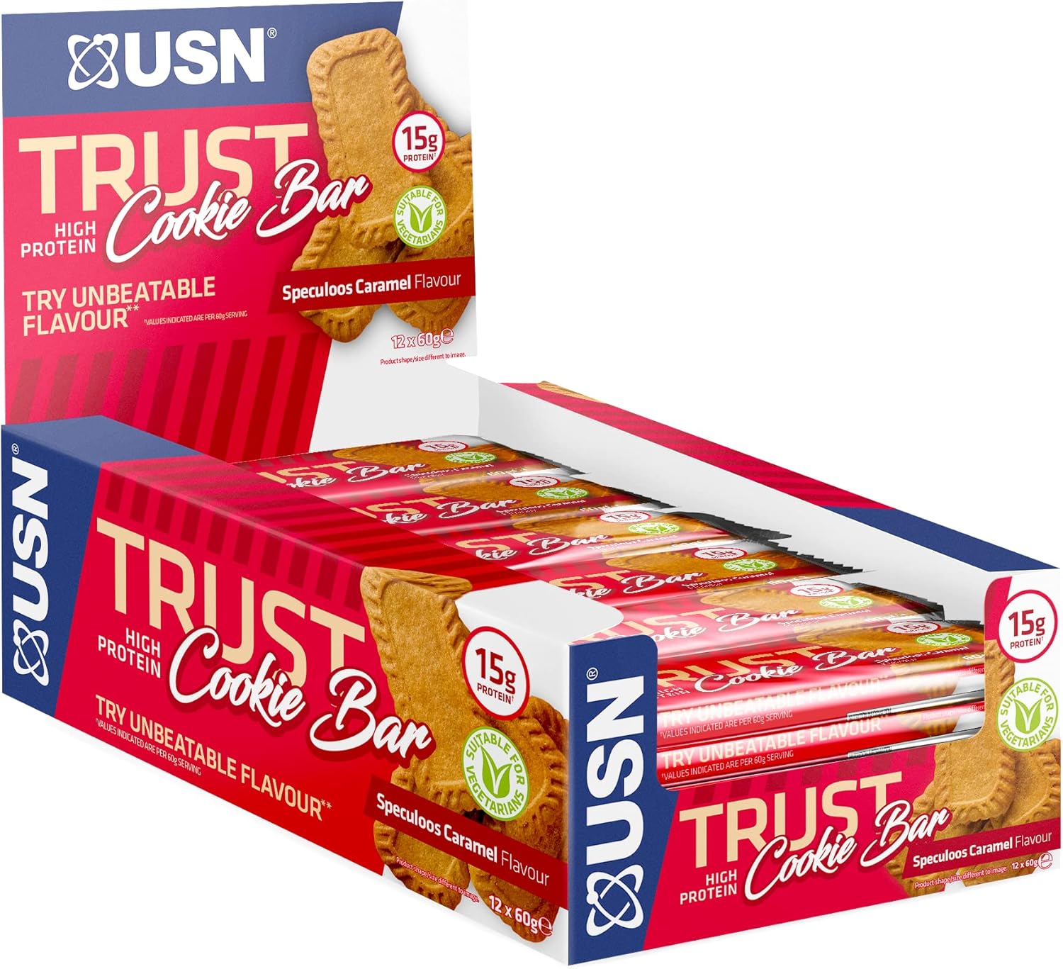 USN Trust Caramel Biscuit Cookie Bar: High Protein Bars, Perfect On-the-Go and Post-Workout Protein Snacks (12 x 60 g Bars per Pack), Red/Blue