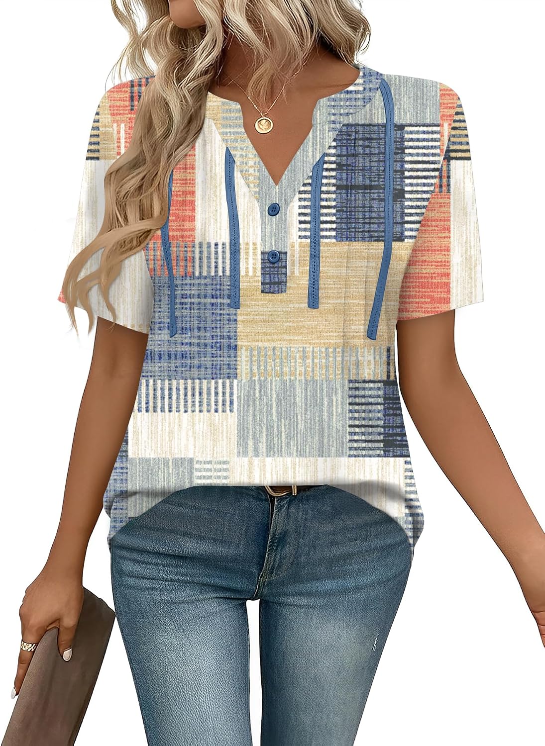 IECCP Women Tops Short Sleeve Button Dressy Tunic Summer V Neck T-Shirts Casual Pleated Fashion Blouses Shirts