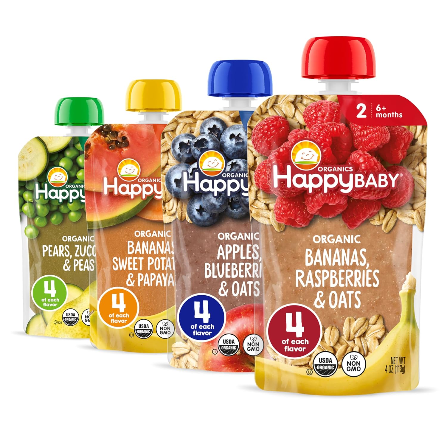 Happy Baby Organics Stage 2 Baby Food Pouches, Gluten Free, Vegan & Healthy Snack, Clearly Crafted Fruit & Veggie Puree, Fruit & Veggie Variety Pack, 4 Ounces (Pack of 16), Amazon Exclusive