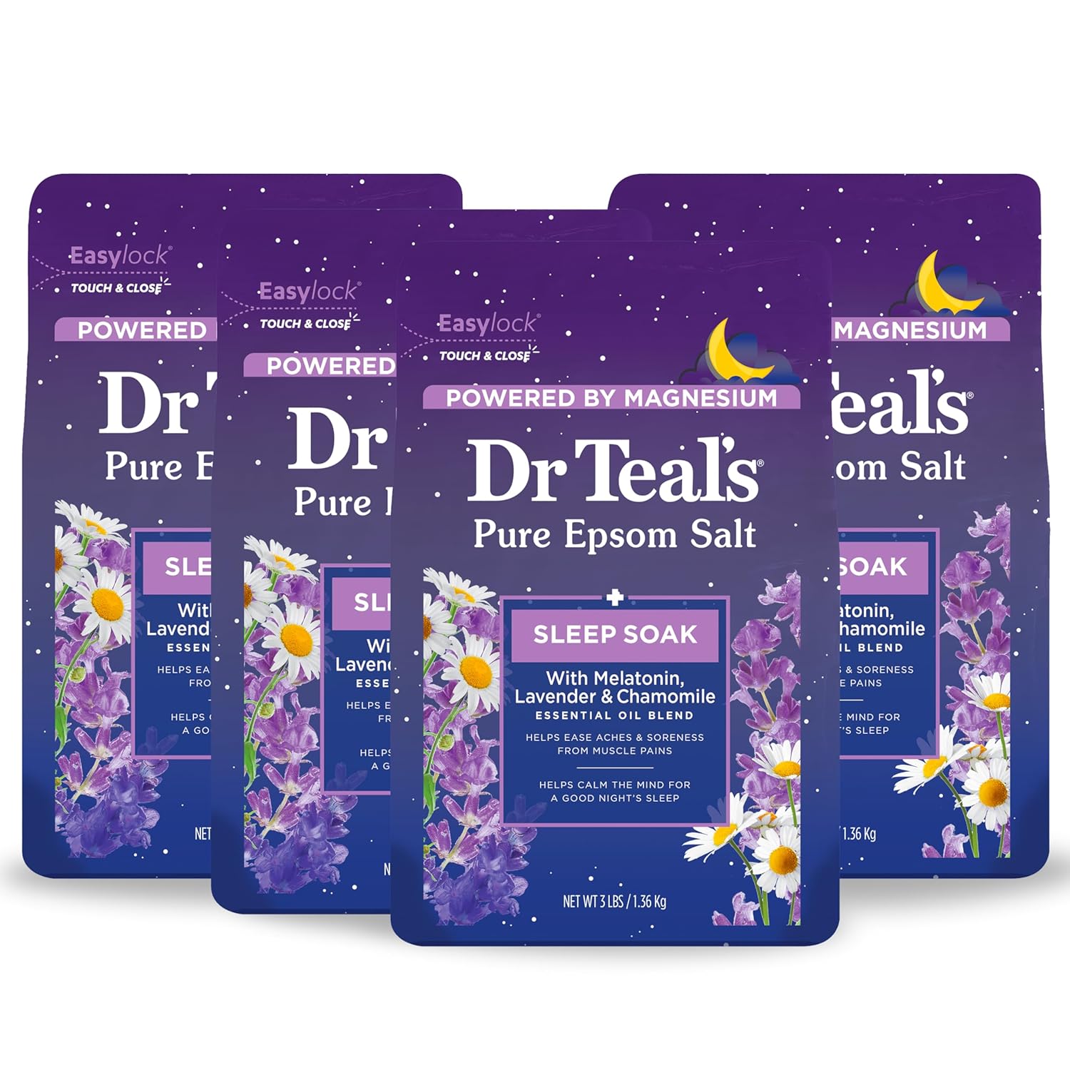 Dr Teal's Sleep Soak with Pure Epsom Salt, Melatonin & Essential Oil Blend, 3 lb (Pack of 4)
